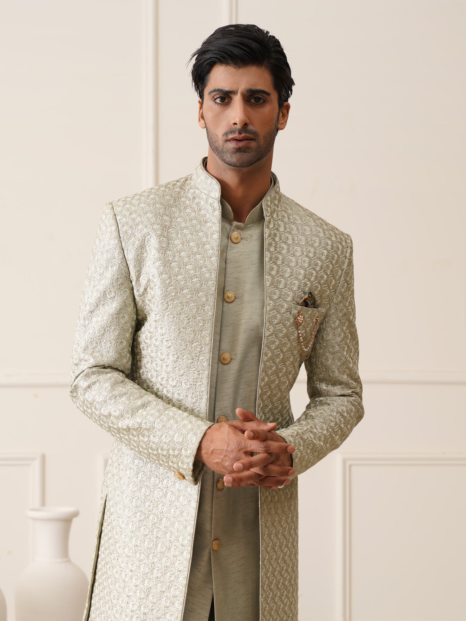 Sage Green Mens Open Jacketed Style Embroidered Indowestern