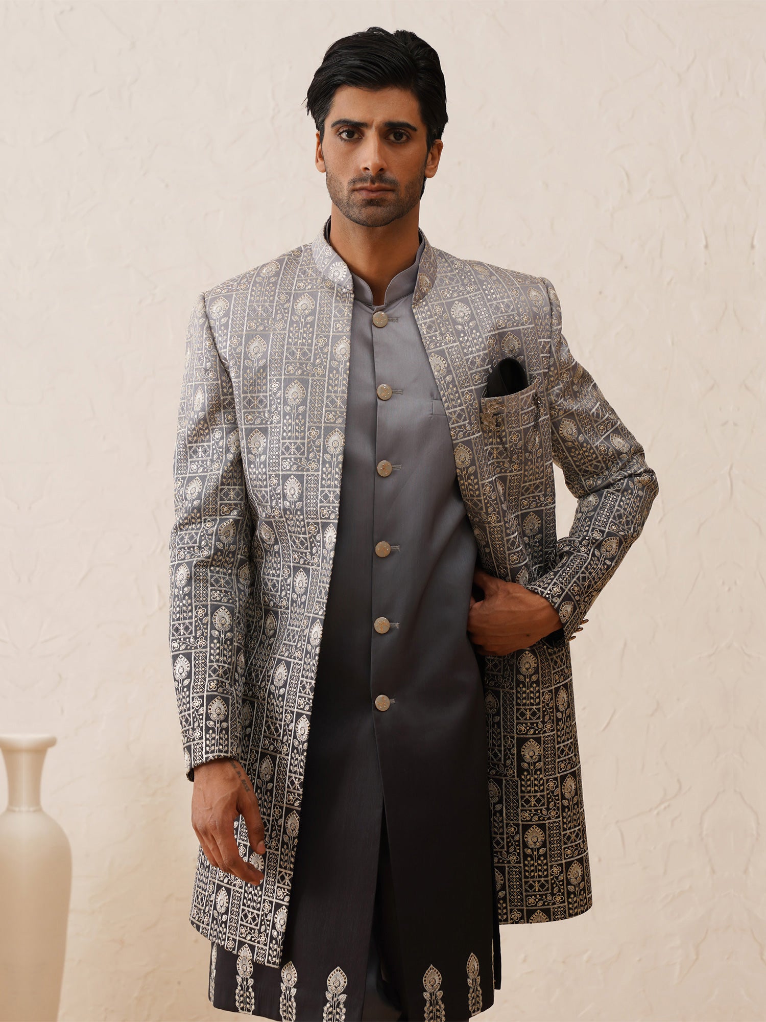 Black And White Shaded Resham Thread Embroidered Mens Indowestern