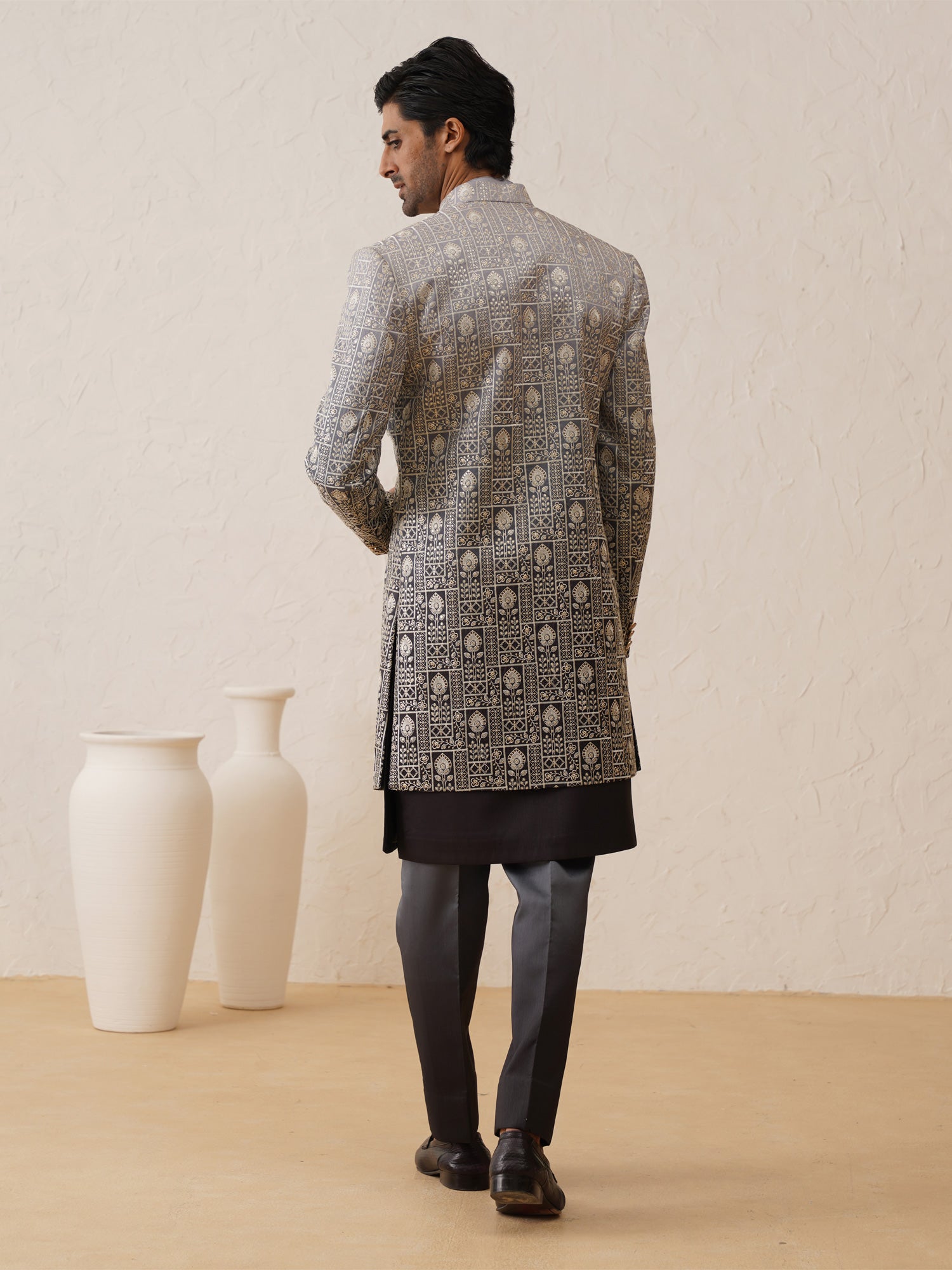 Black And White Shaded Resham Thread Embroidered Mens Indowestern