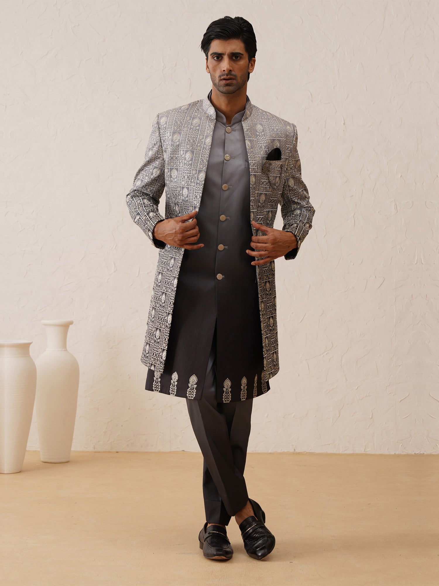 Black And White Shaded Resham Thread Embroidered Mens Indowestern