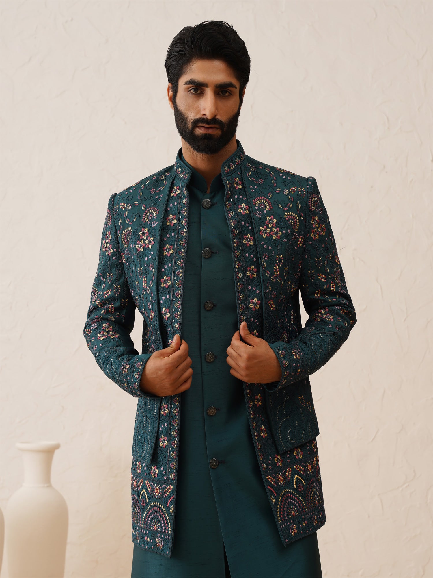 Teal Green Resham Embroidered Double Layered Jacketed Indowestern