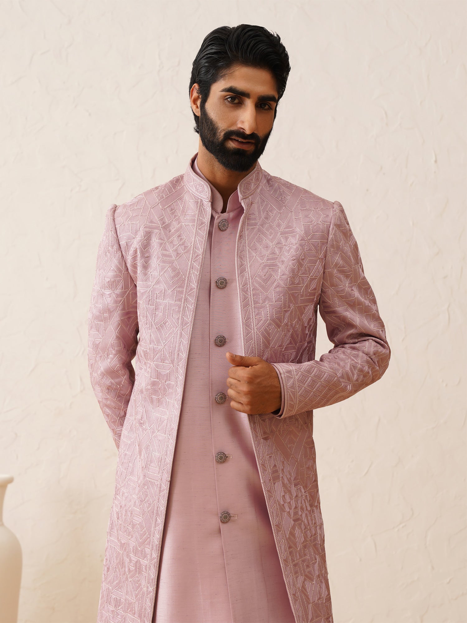 Baby Pink Mens Wedding Wear Indowestern With Front Open Jacket