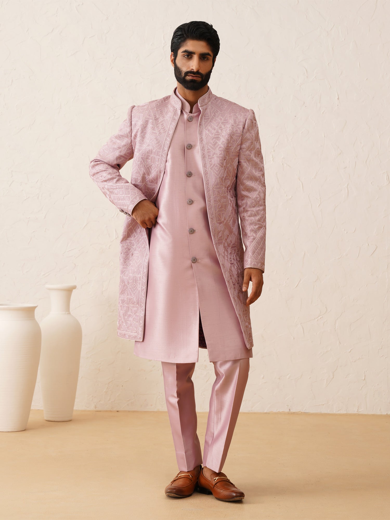Baby Pink Mens Wedding Wear Indowestern With Front Open Jacket