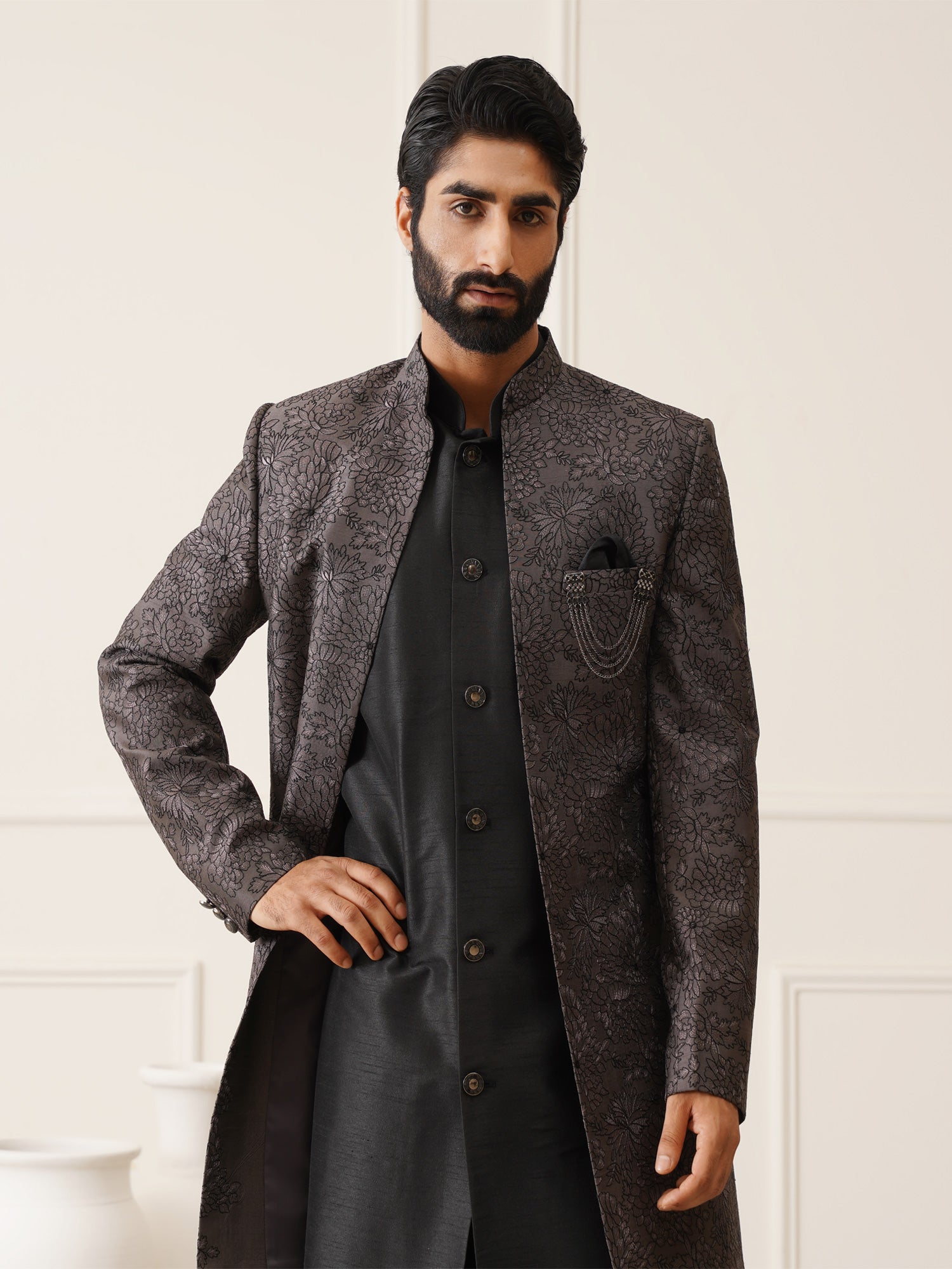 Stone Black Floral Resham Embroidered Mens Indowestern Set