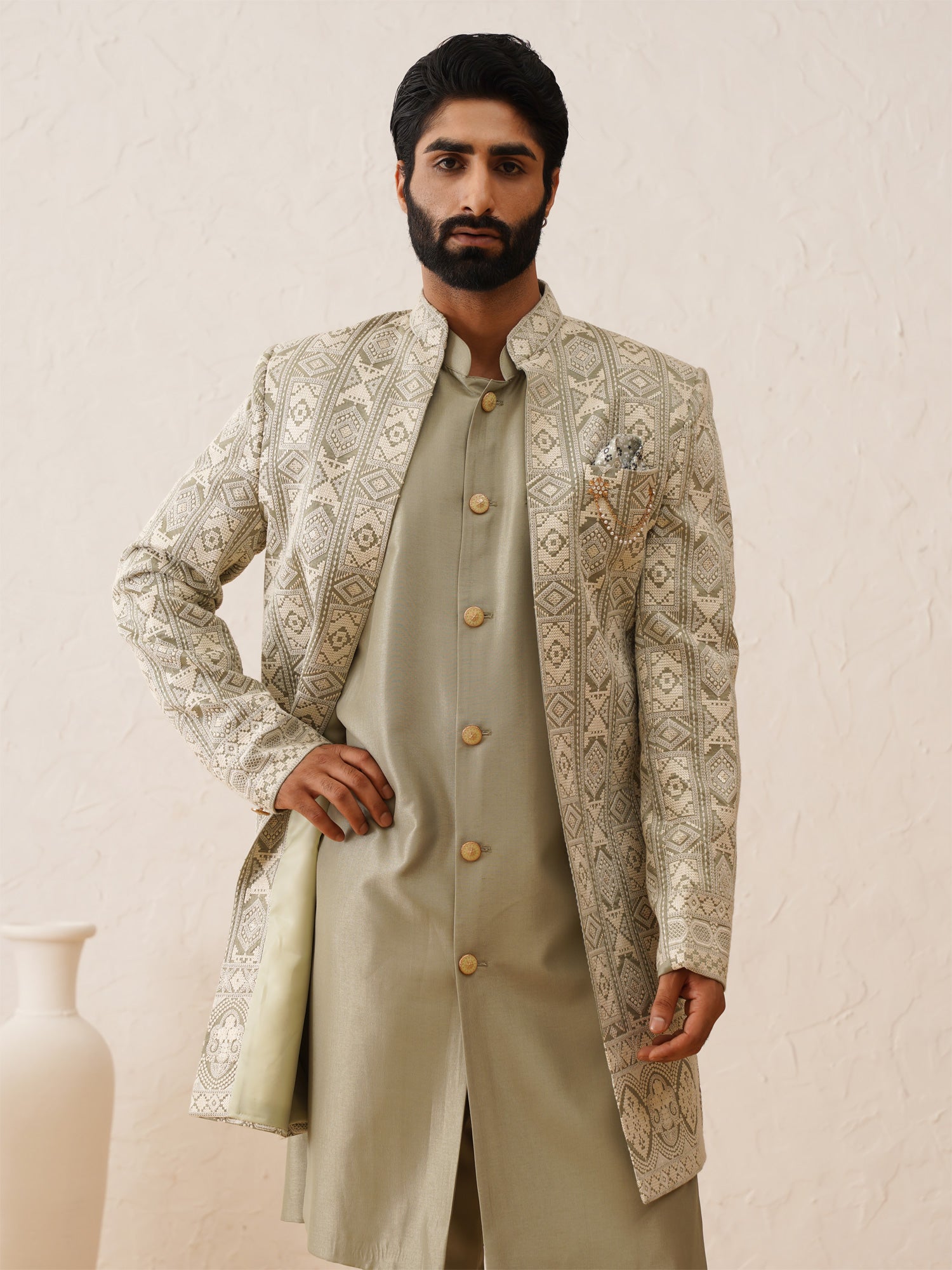 Olive Green Traditional Self Embroidered Mens Jacketed Indowestern