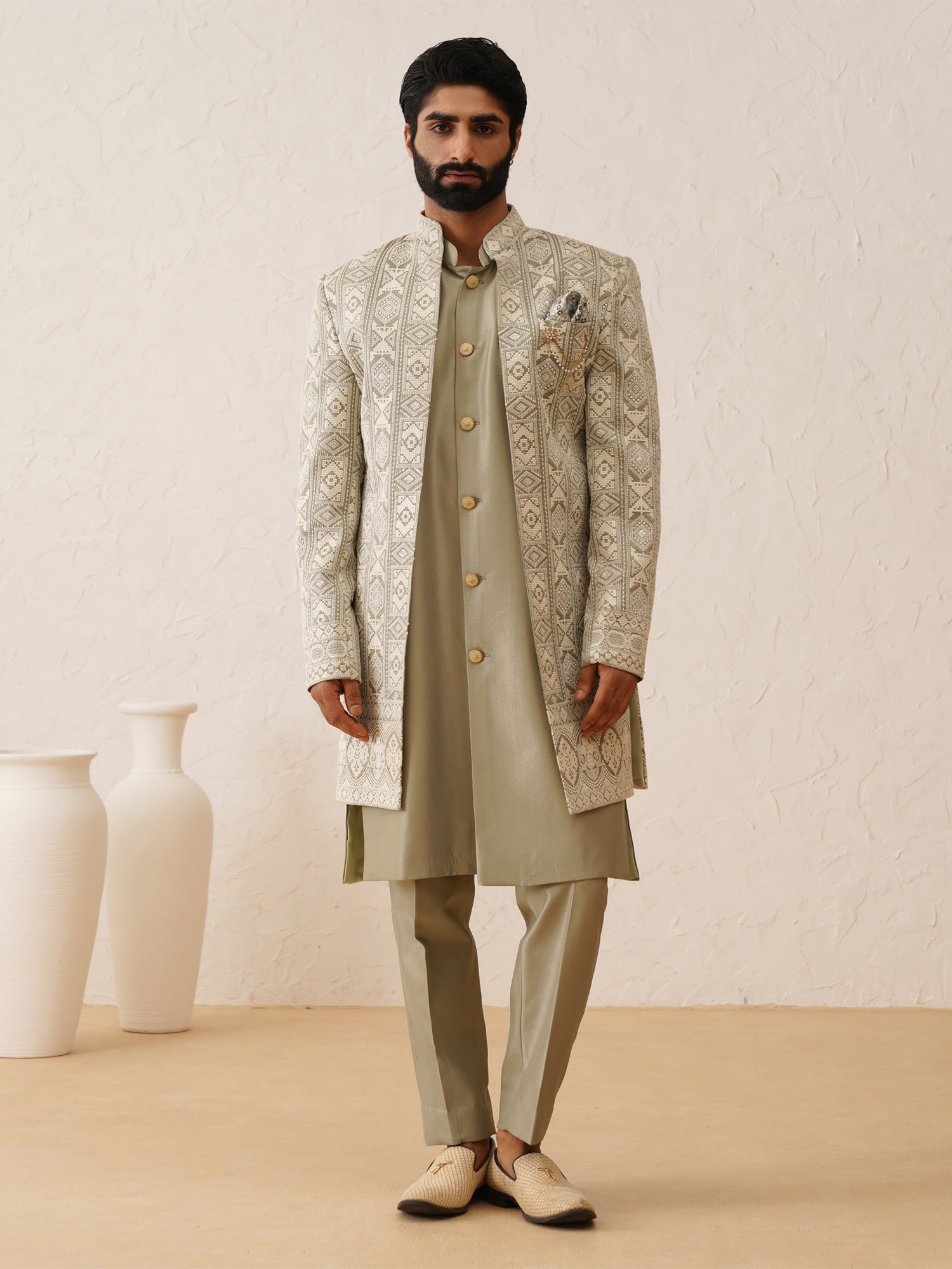 Olive Green Traditional Self Embroidered Mens Jacketed Indowestern