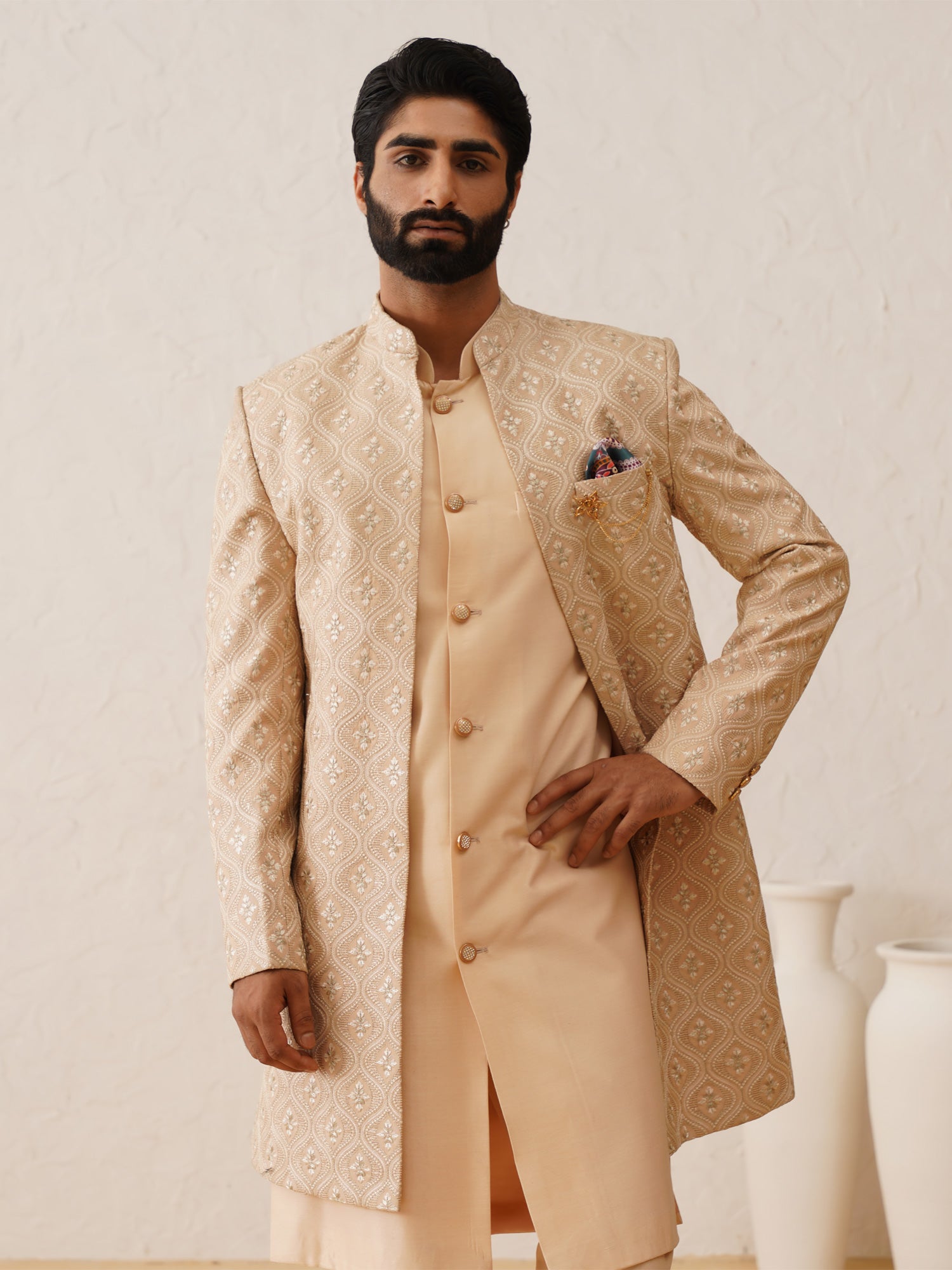 Peach Jacketed Styled Mens Indowester In Silk Embroidery