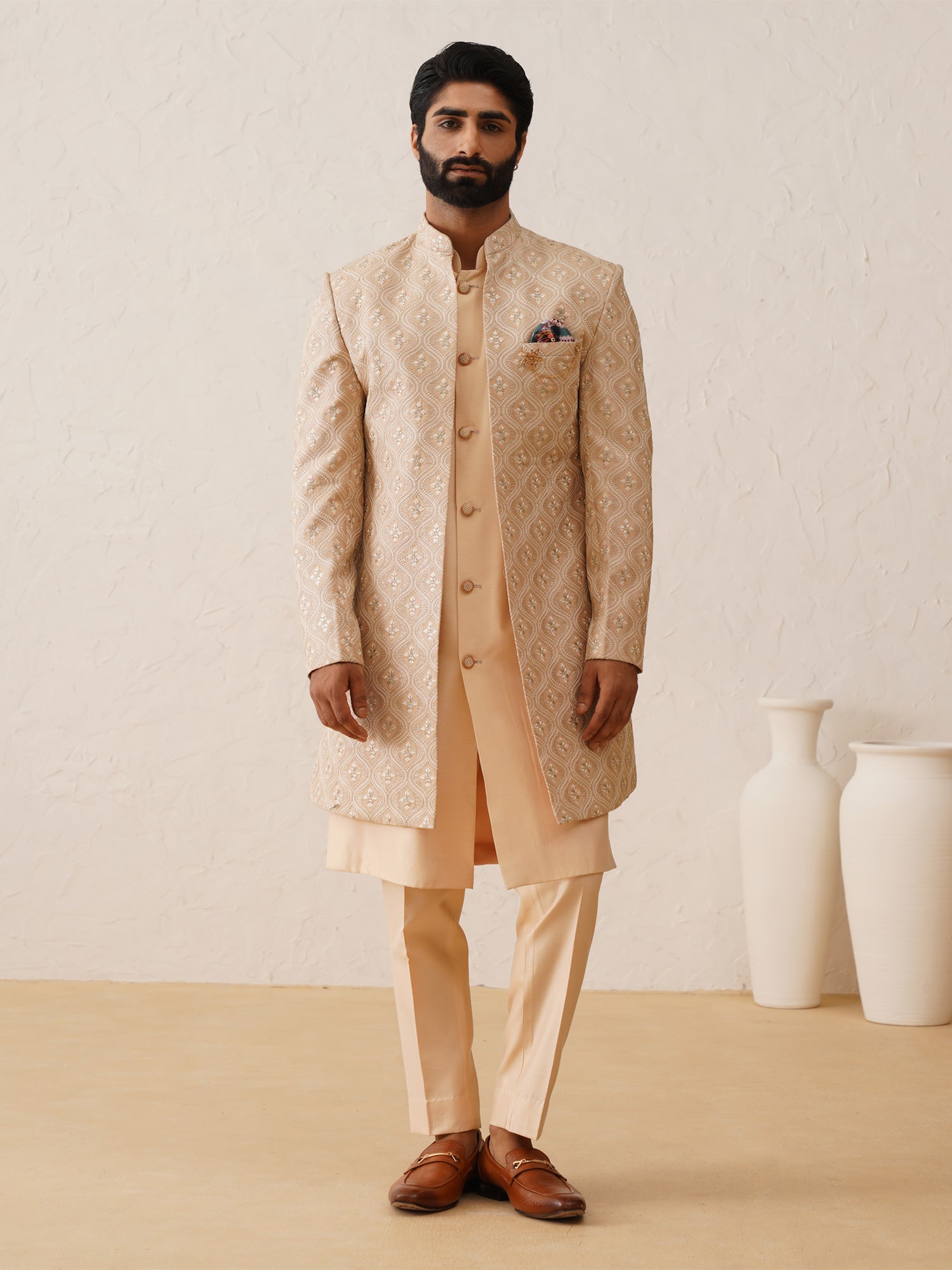 Peach Jacketed Styled Mens Indowester In Silk Embroidery