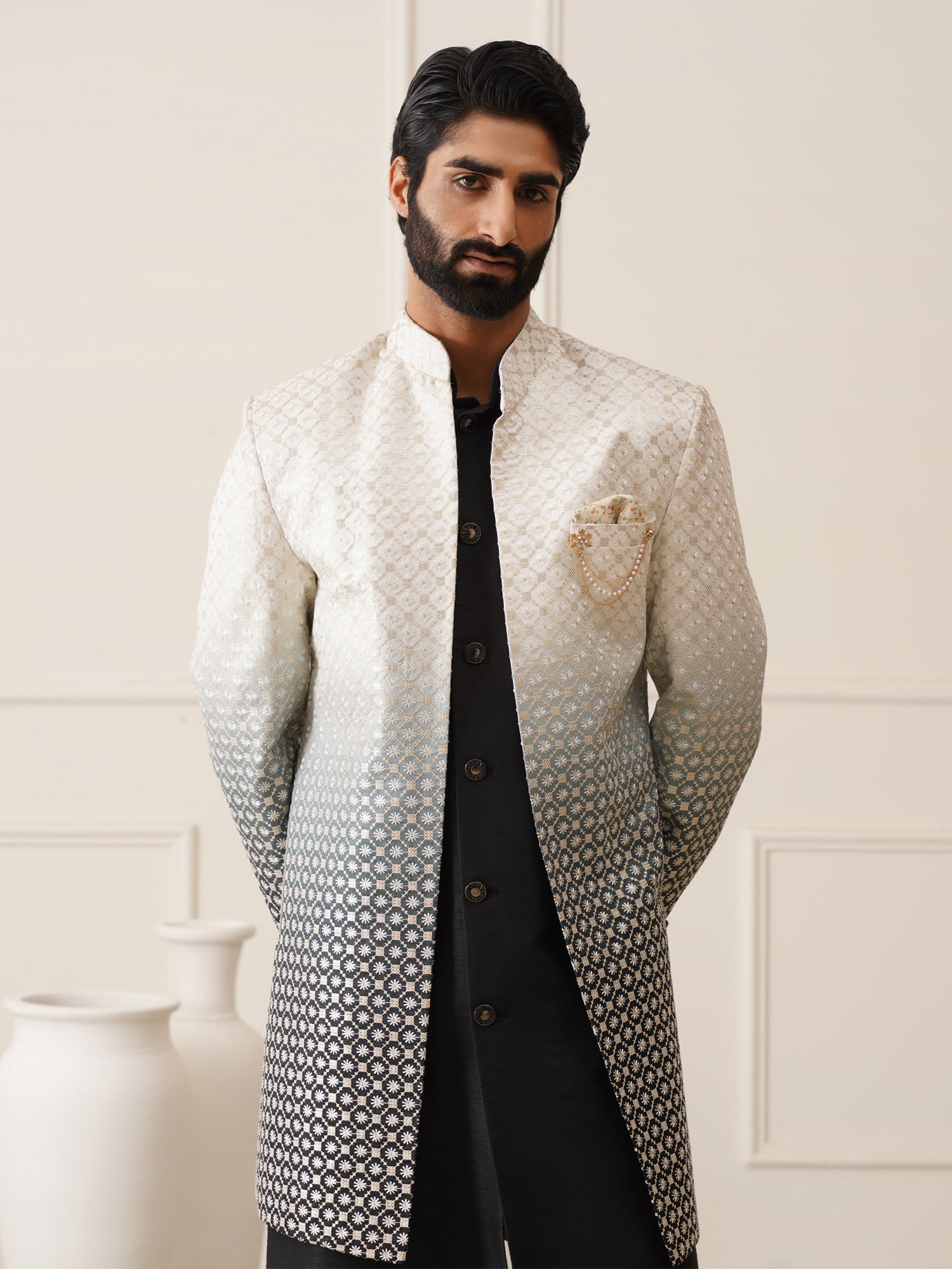Black Mens Self Embroidered Indowestern With White Shaded Jacket