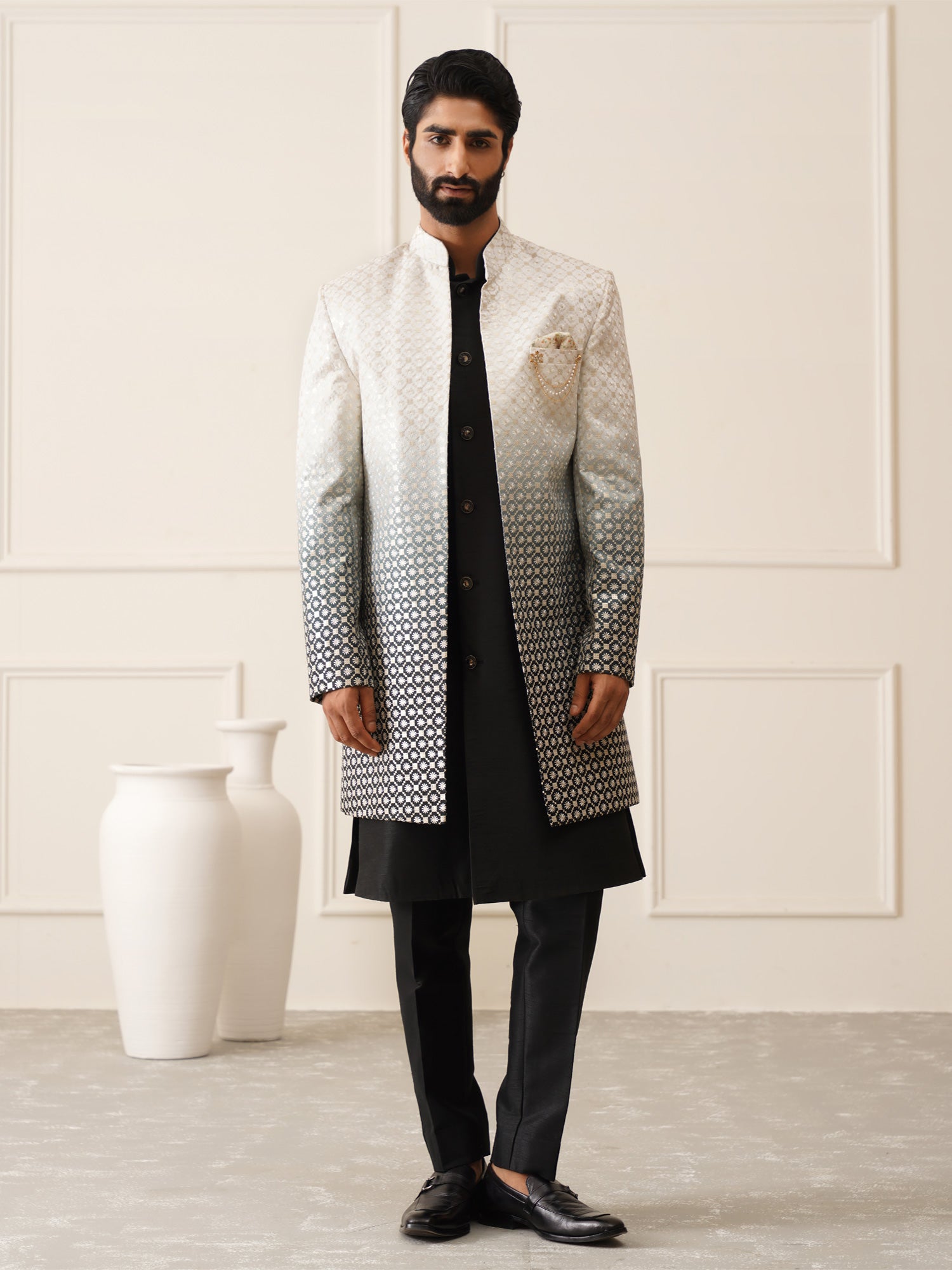 Black Mens Self Embroidered Indowestern With White Shaded Jacket