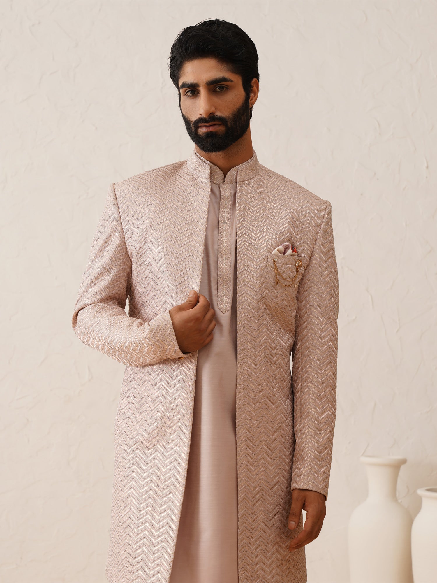 Mauve Pink Wedding Heavy Embroidered Indowestern Set For Mens