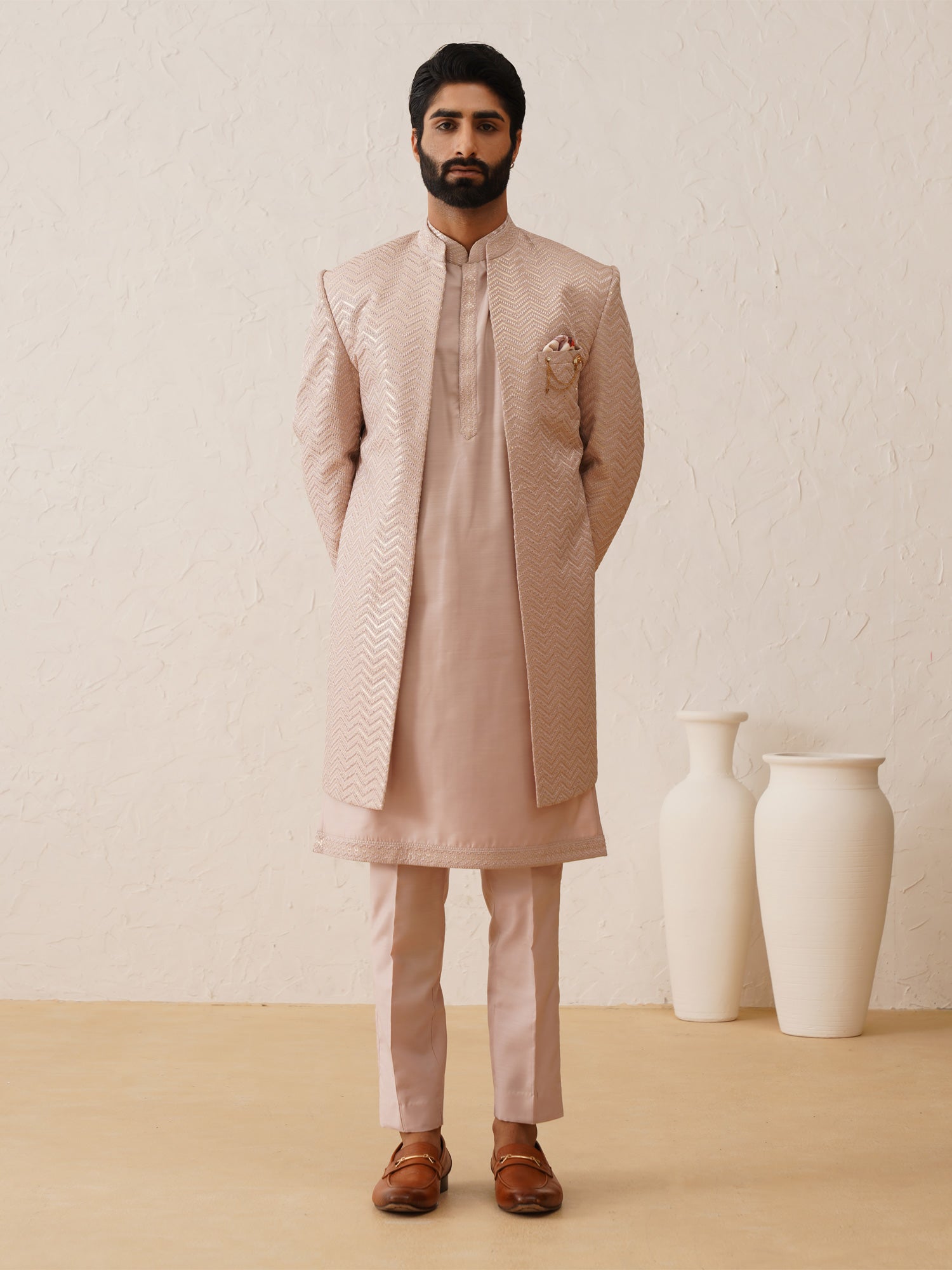 Mauve Pink Wedding Heavy Embroidered Indowestern Set For Mens