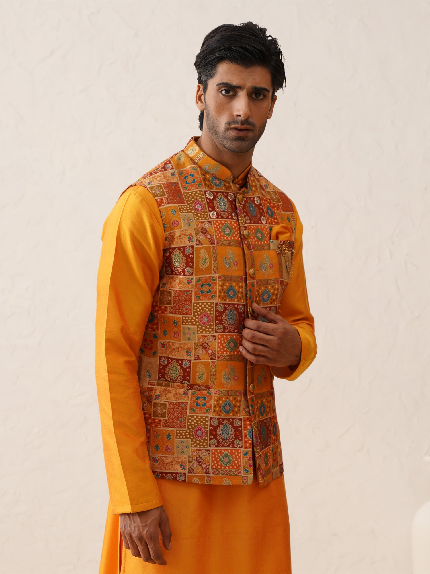 Fire Yellow Traditional Printed Mens Kurta Pyjama With Nehru Jacket