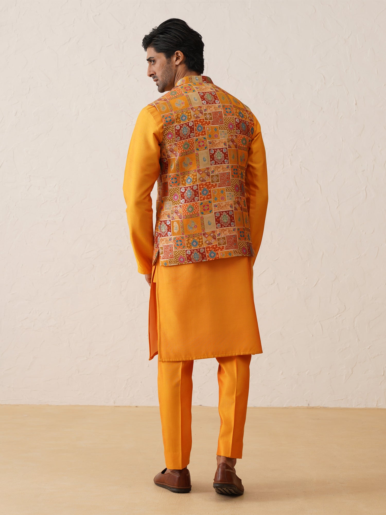 Fire Yellow Traditional Printed Mens Kurta Pyjama With Nehru Jacket