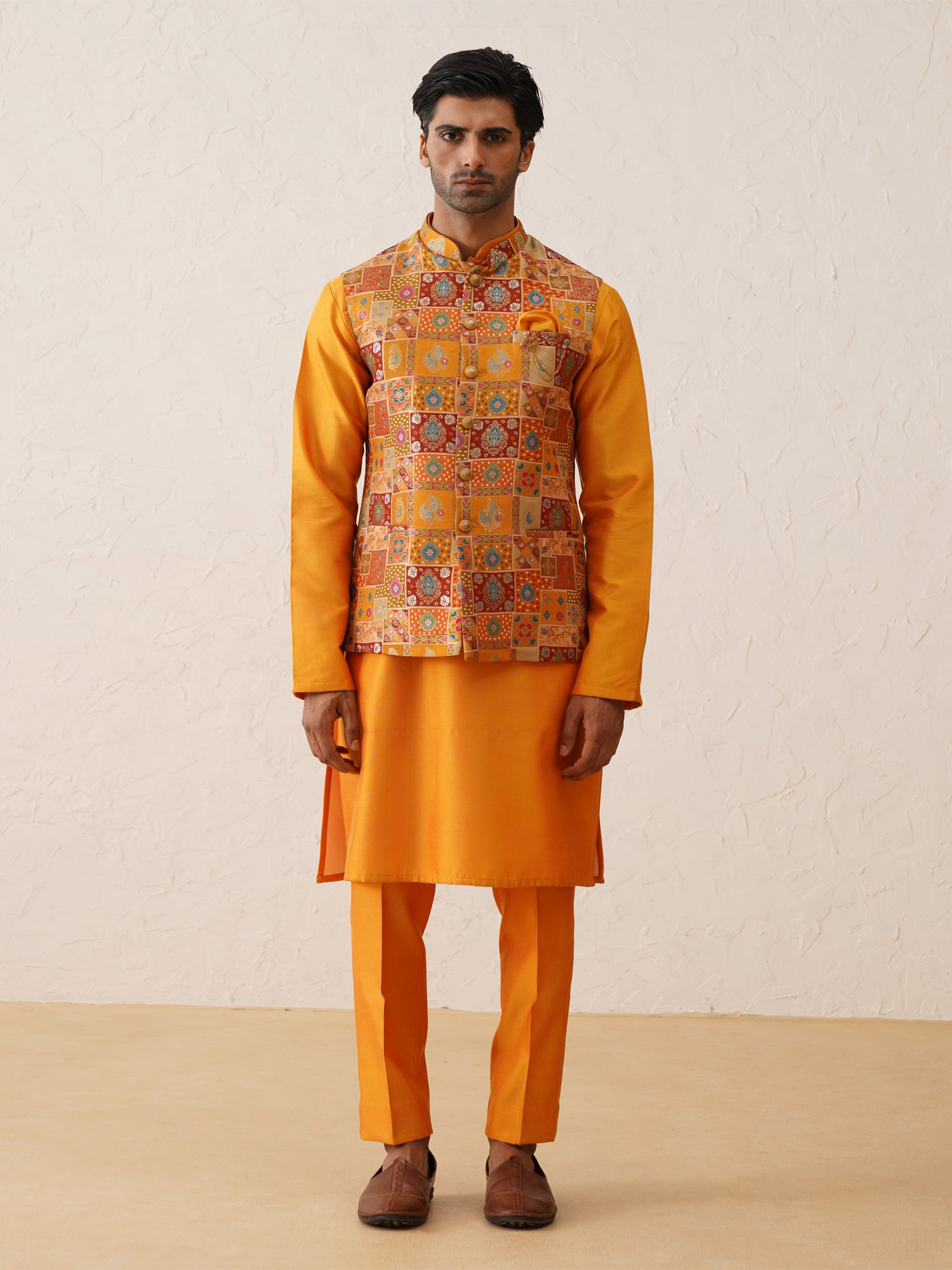 Fire Yellow Traditional Printed Mens Kurta Pyjama With Nehru Jacket