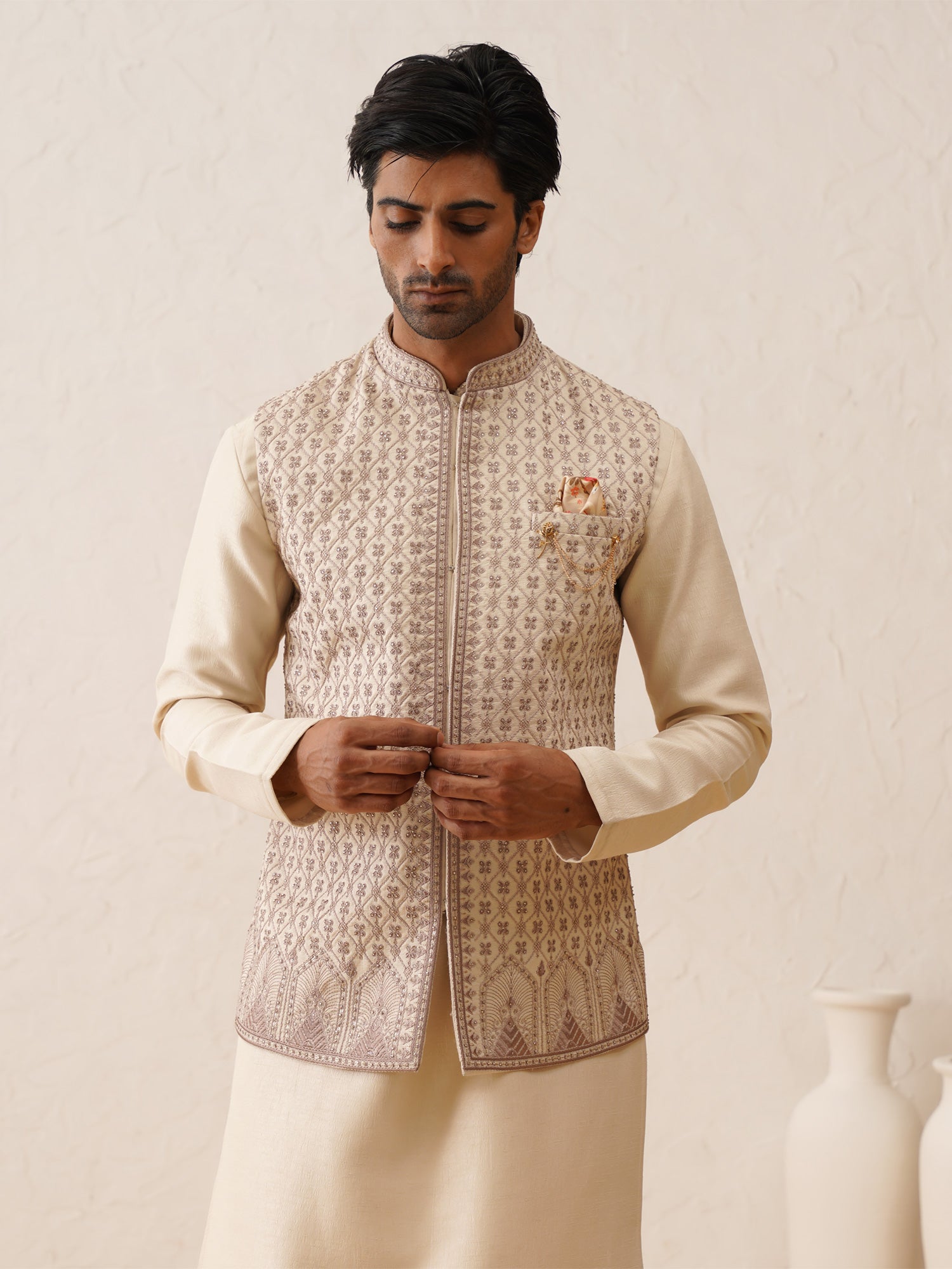 White Swaroski Embroidered Mens Kurta Pyjama With Nehru Jacket