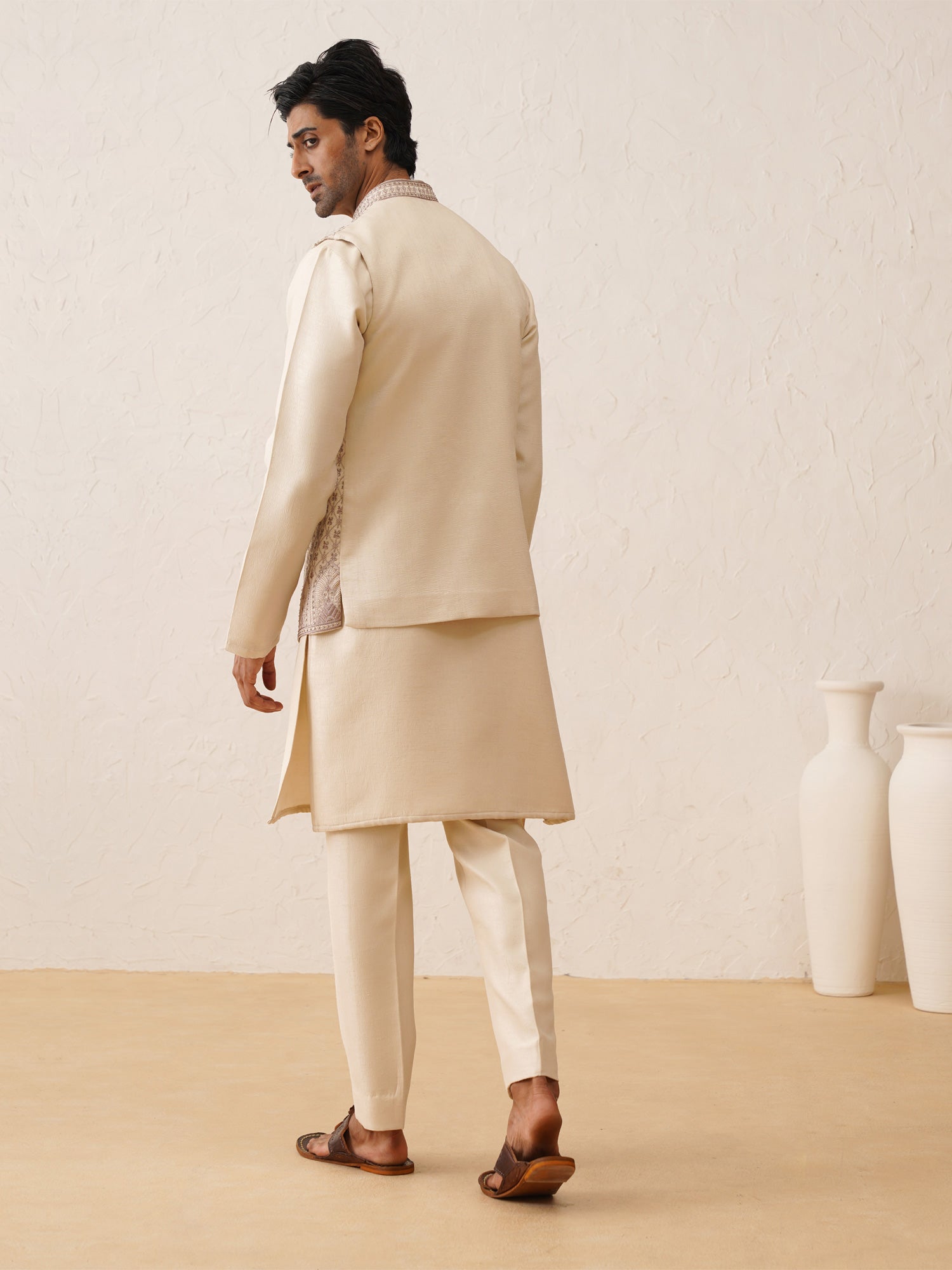 White Swaroski Embroidered Mens Kurta Pyjama With Nehru Jacket