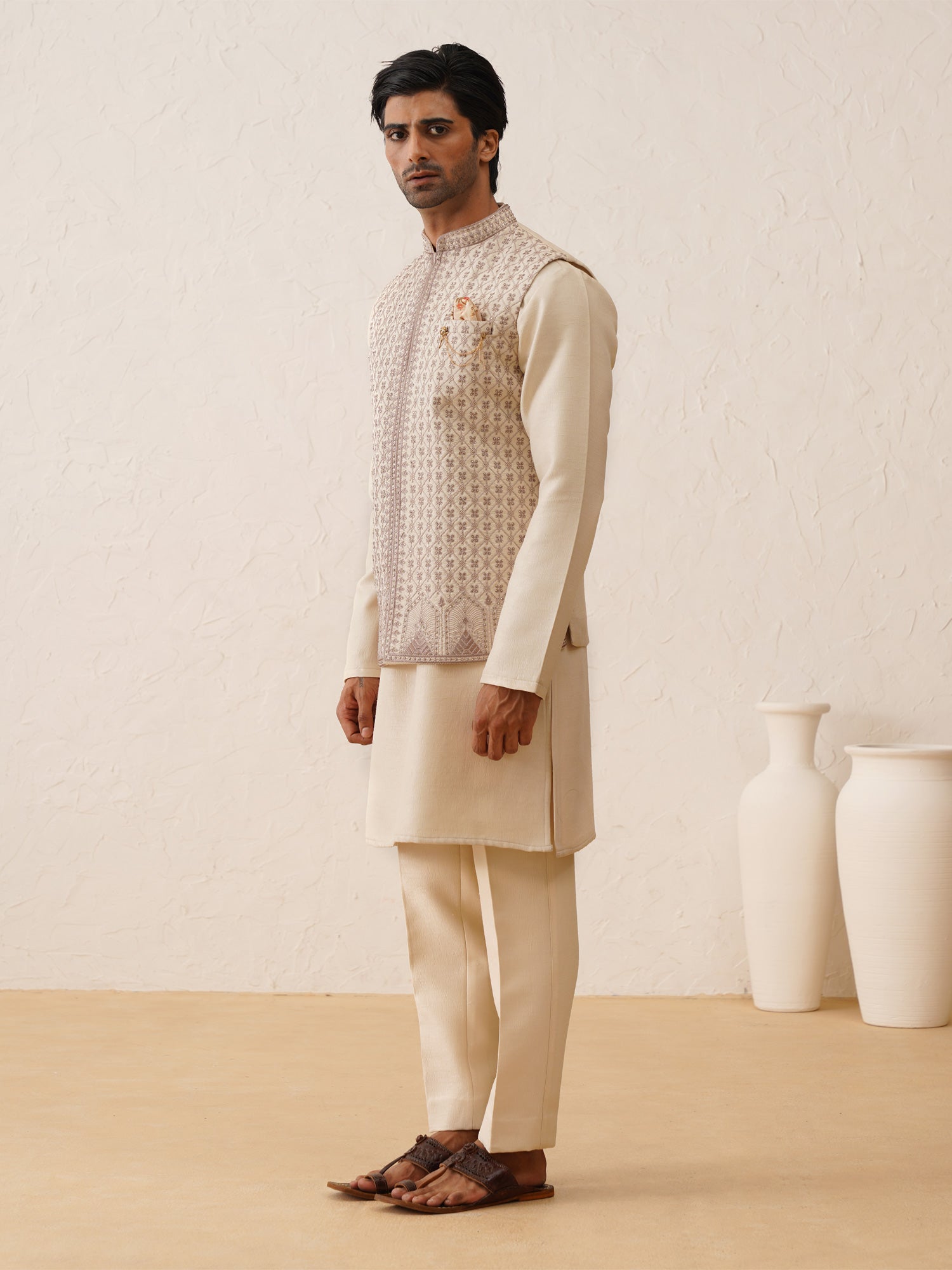White Swaroski Embroidered Mens Kurta Pyjama With Nehru Jacket