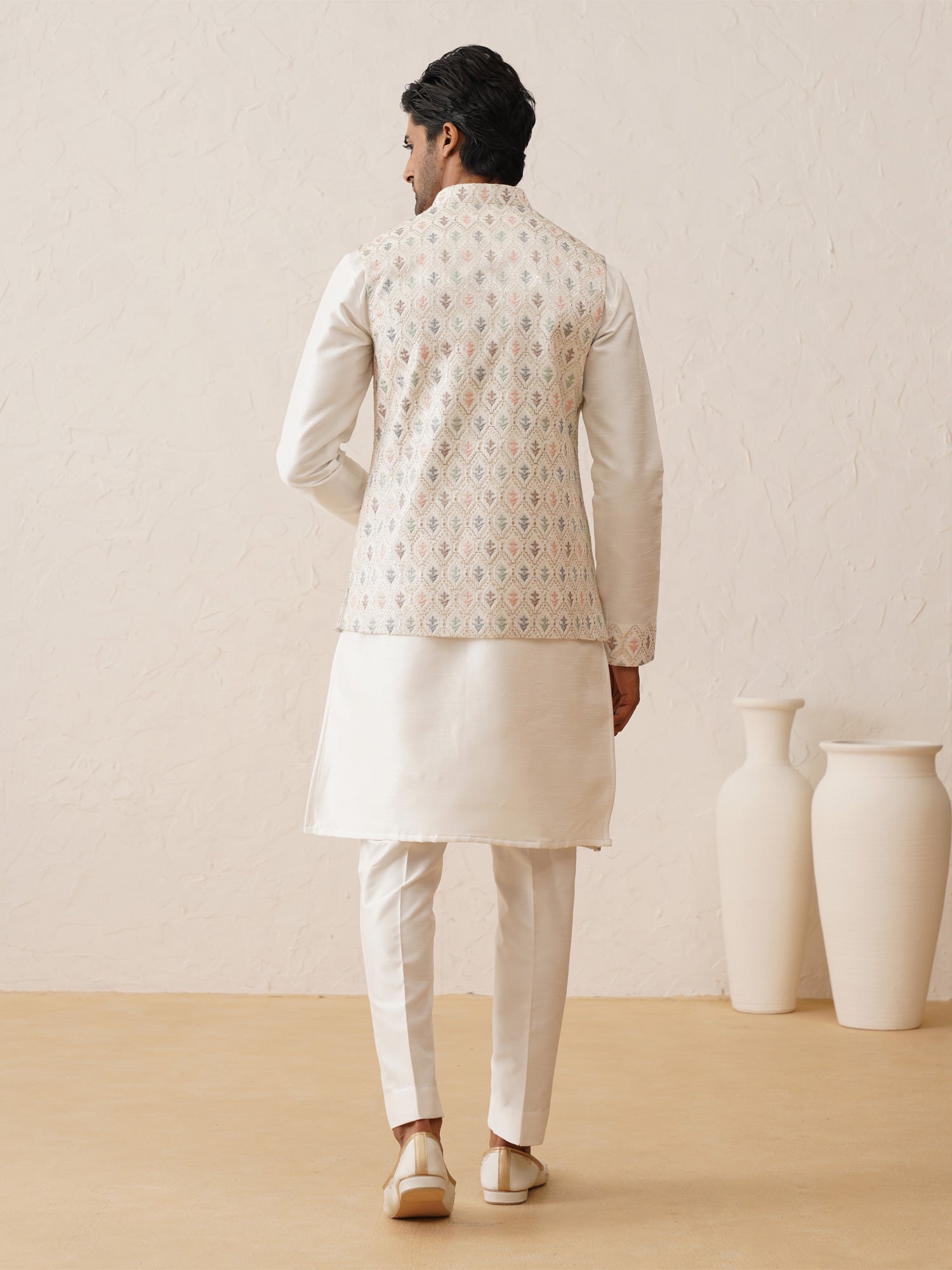 Pearl White Thread Embroidered Nehru Jacket With Kurta Pyjama