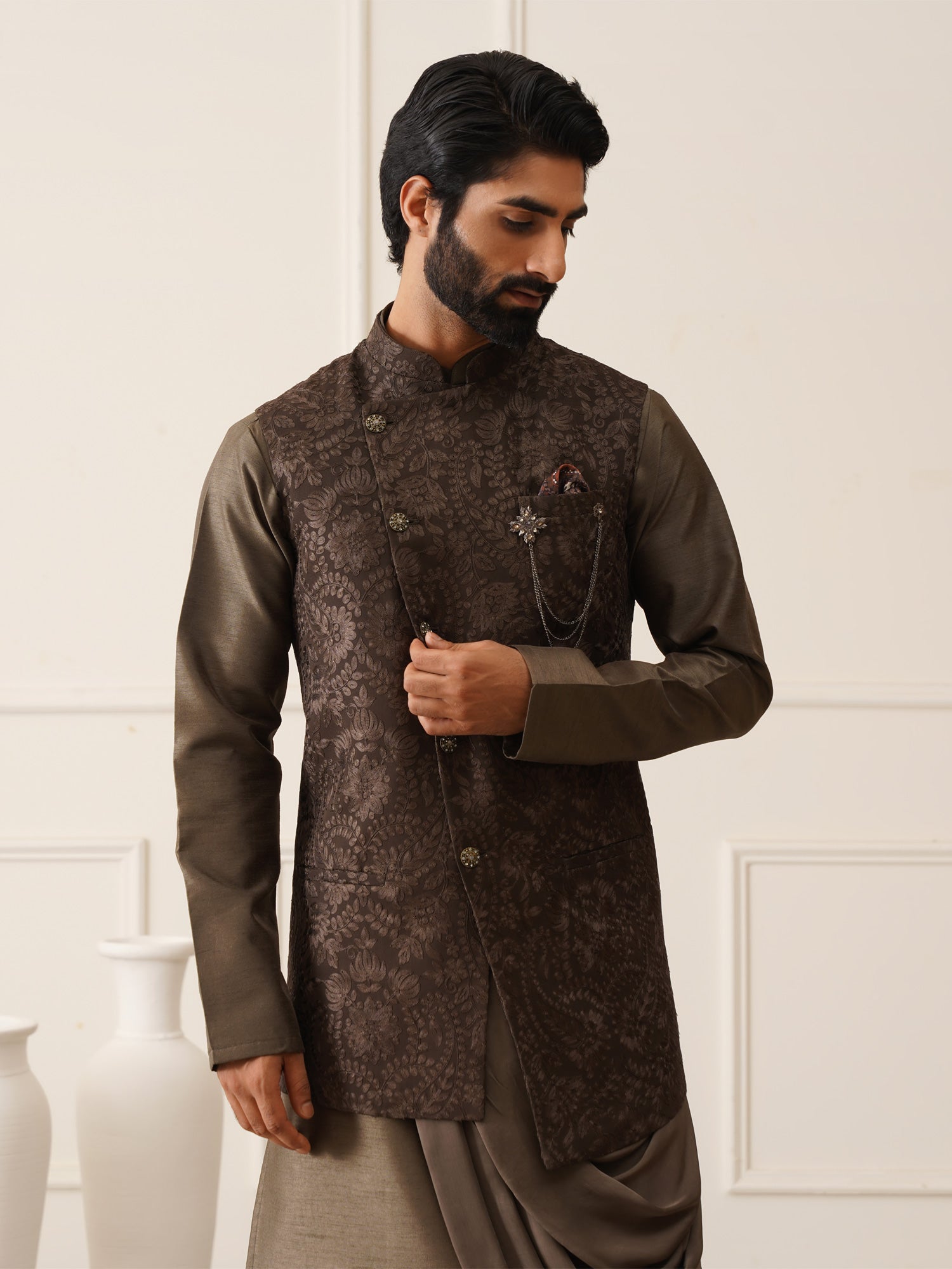 Brown Resham Embroidered Waistcoat With Draped Kurta Set