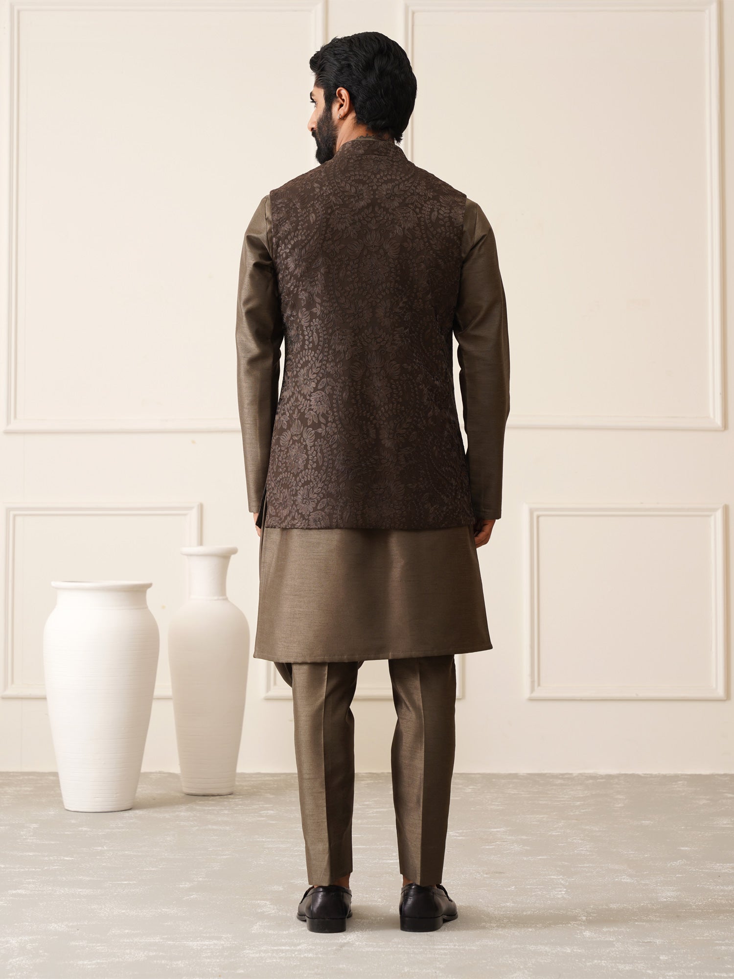 Brown Resham Embroidered Waistcoat With Draped Kurta Set