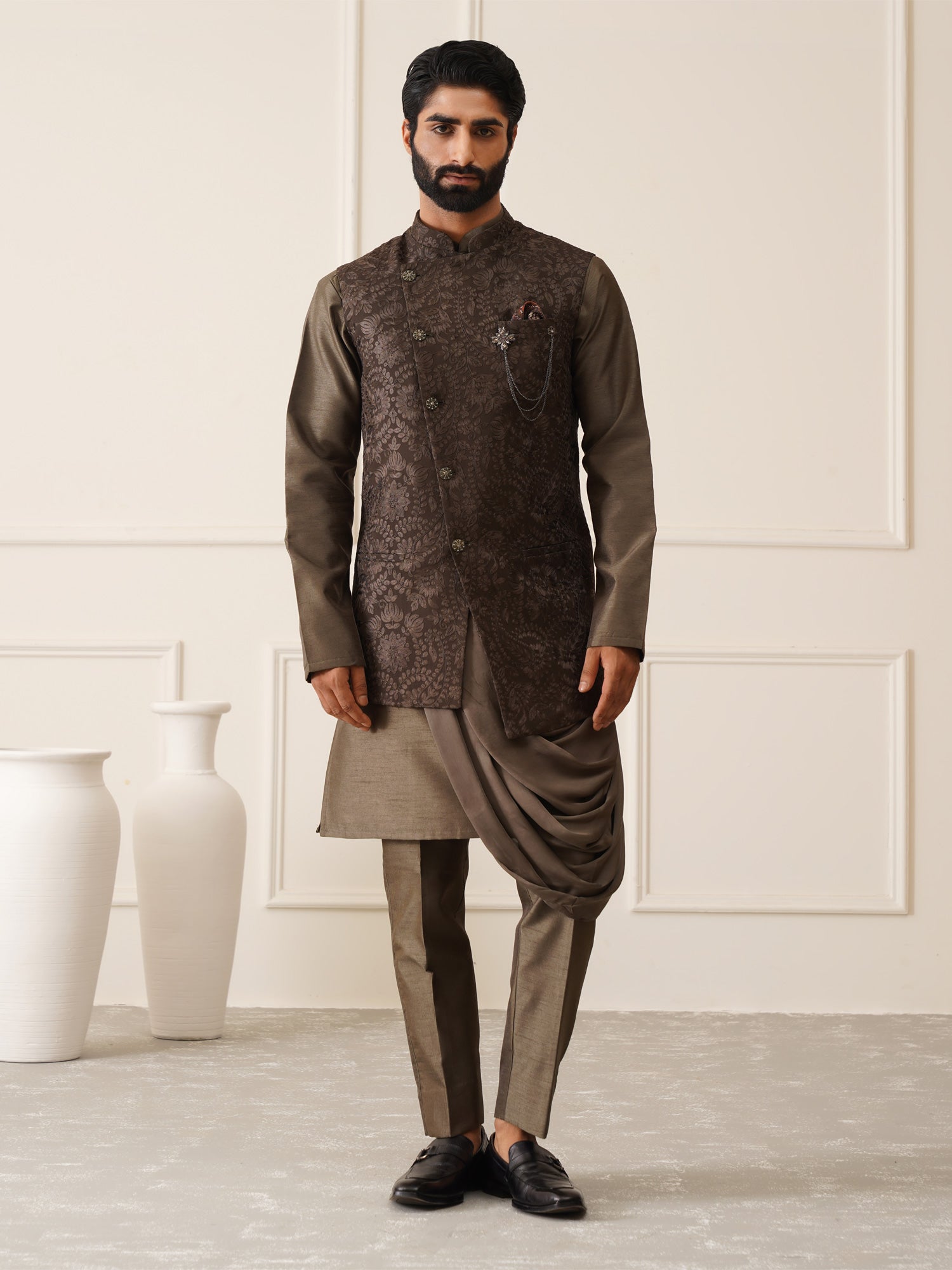 Brown Resham Embroidered Waistcoat With Draped Kurta Set