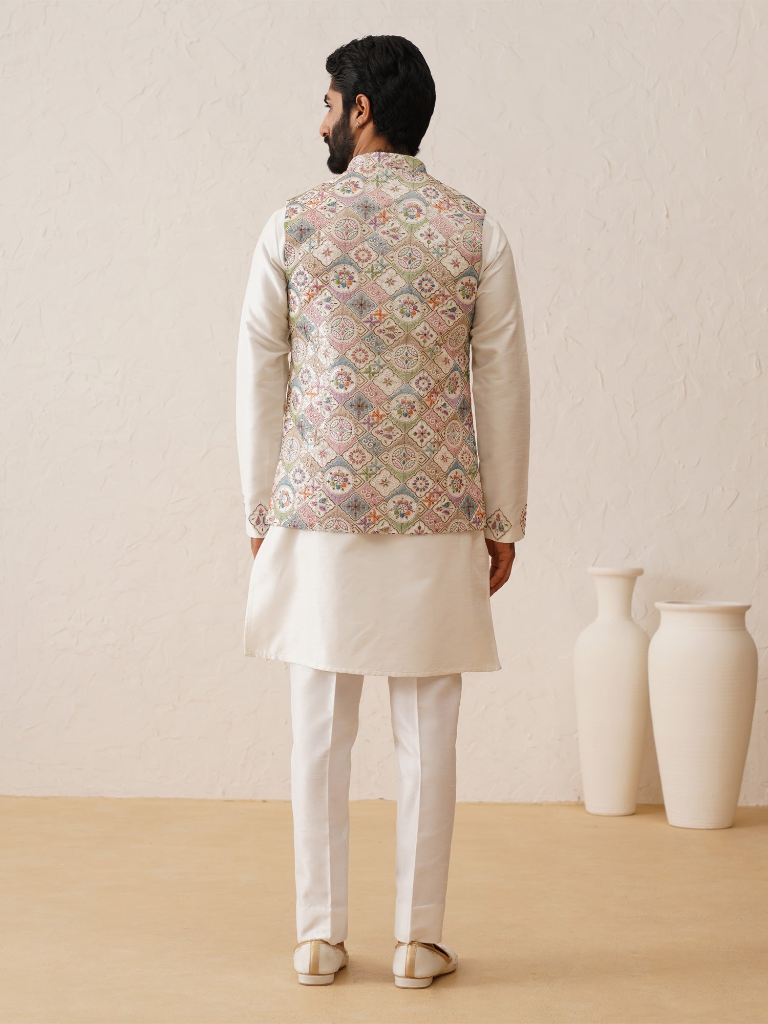 Pearl White Mens Kurta Pyjama Set With Traditional Printed Jacket