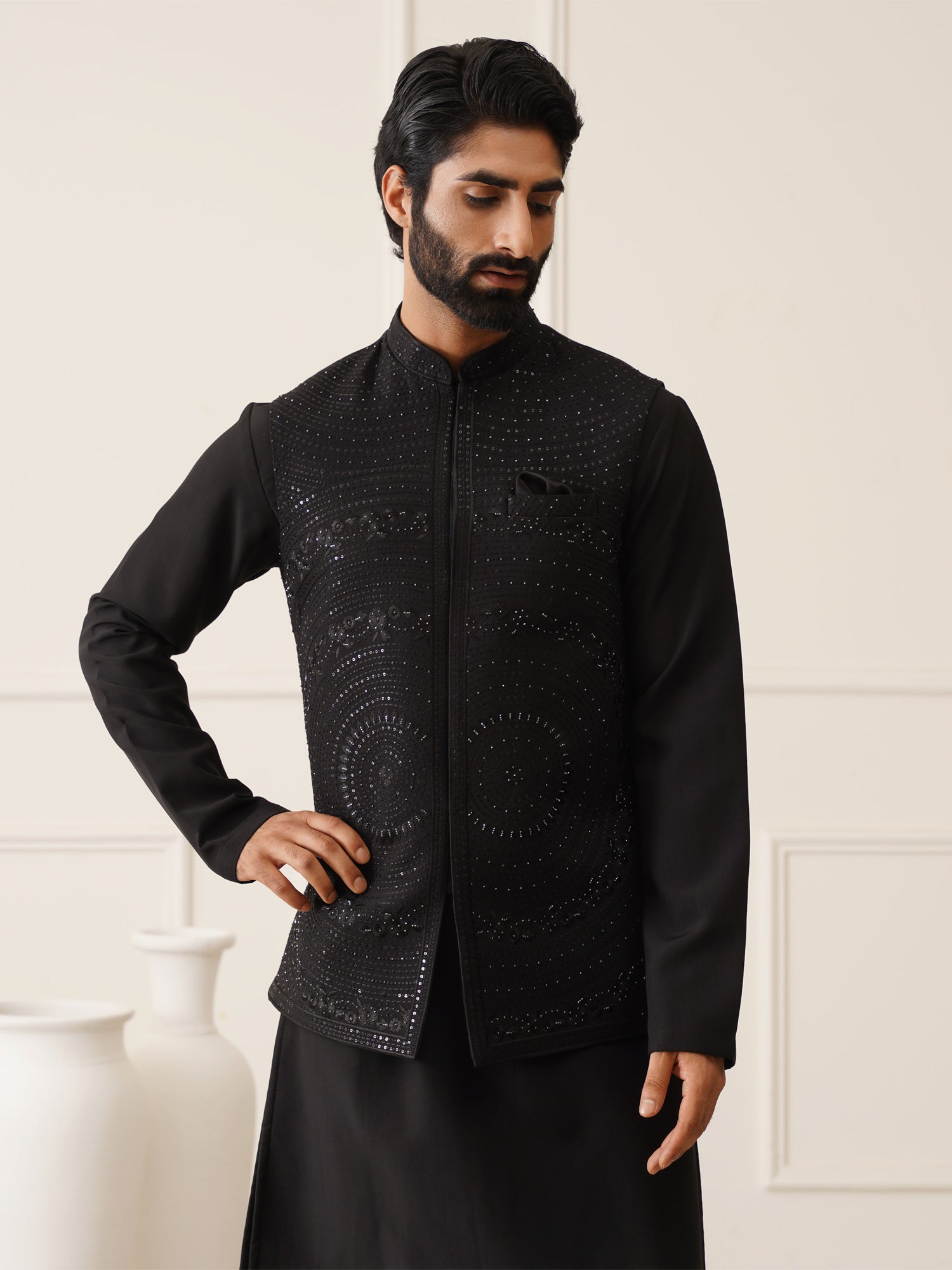 Black Swaroski Stone Enhanced Waistcoat With Kurta Set In Silk