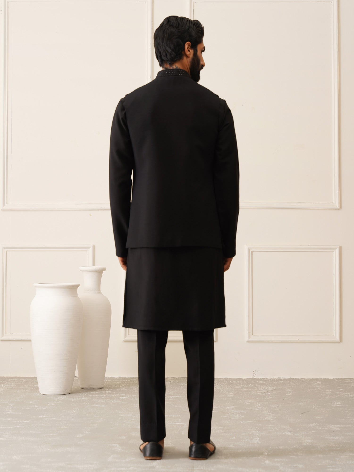 Black Swaroski Stone Enhanced Waistcoat With Kurta Set In Silk