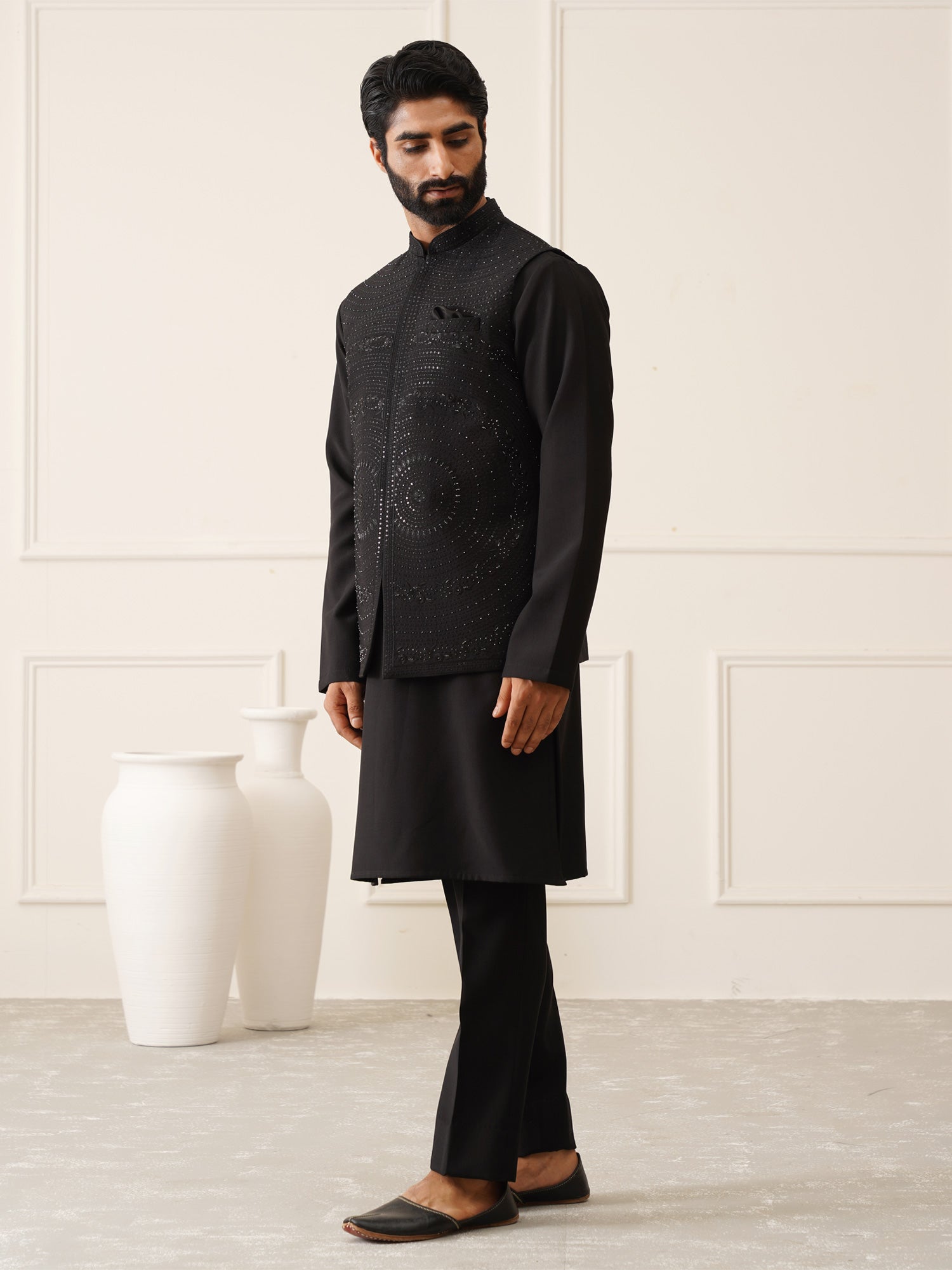 Black Swaroski Stone Enhanced Waistcoat With Kurta Set In Silk