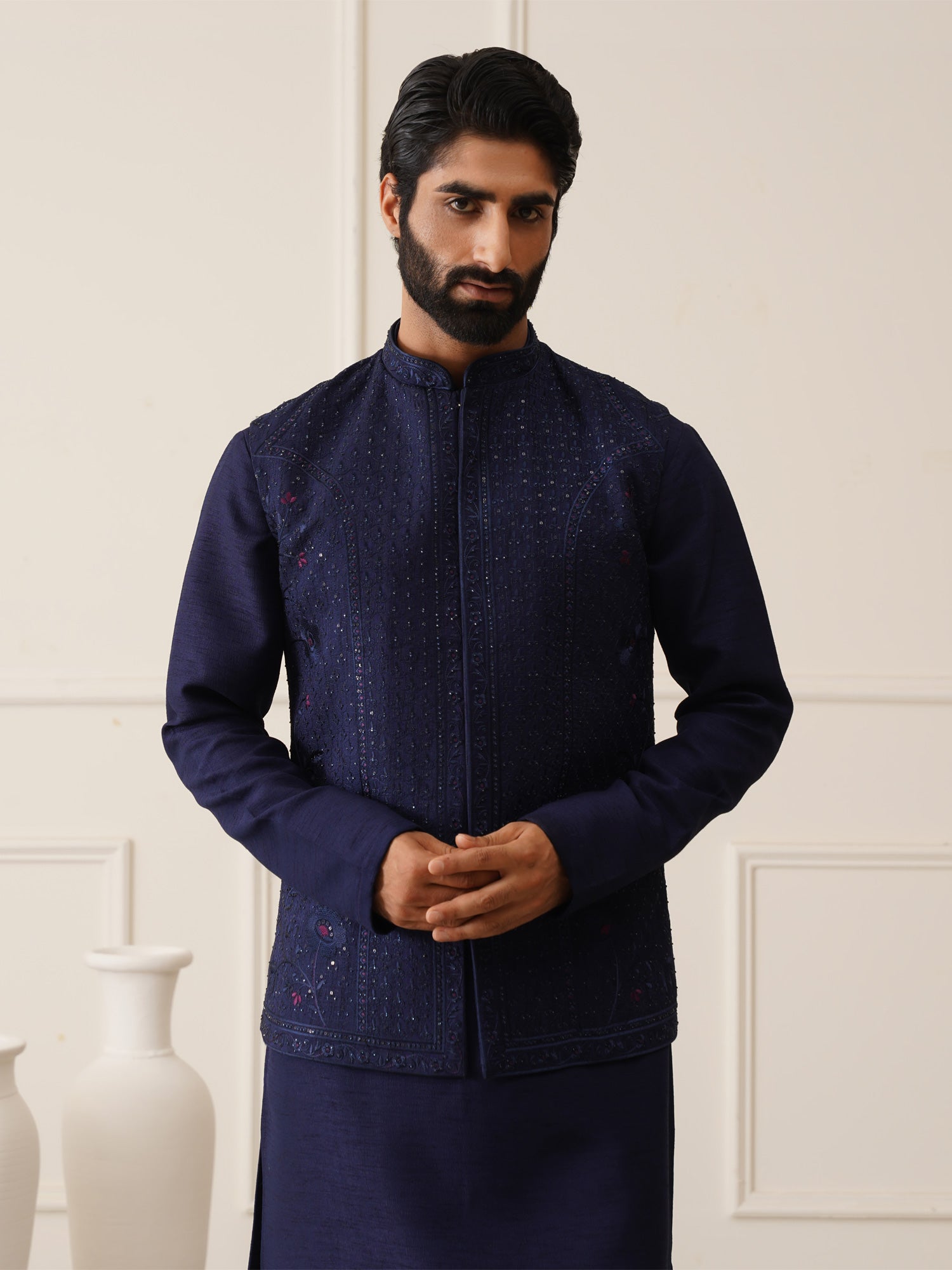 Midnight Blue  Kurta Pyjama Set With Swaroski Embroidered Waistcoat