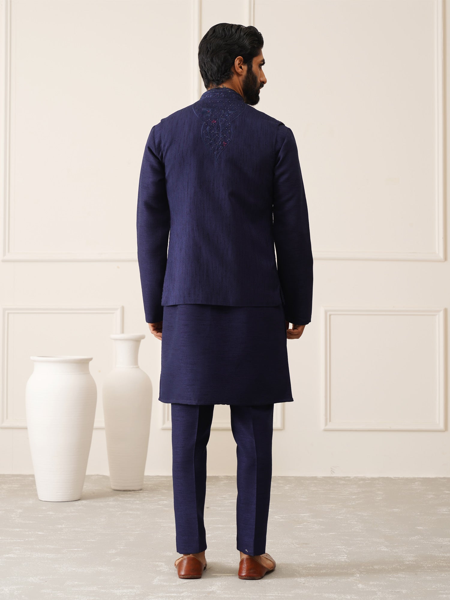 Midnight Blue  Kurta Pyjama Set With Swaroski Embroidered Waistcoat