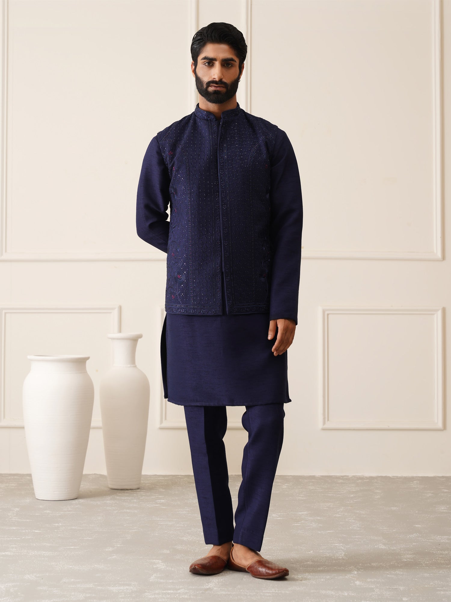 Midnight Blue  Kurta Pyjama Set With Swaroski Embroidered Waistcoat