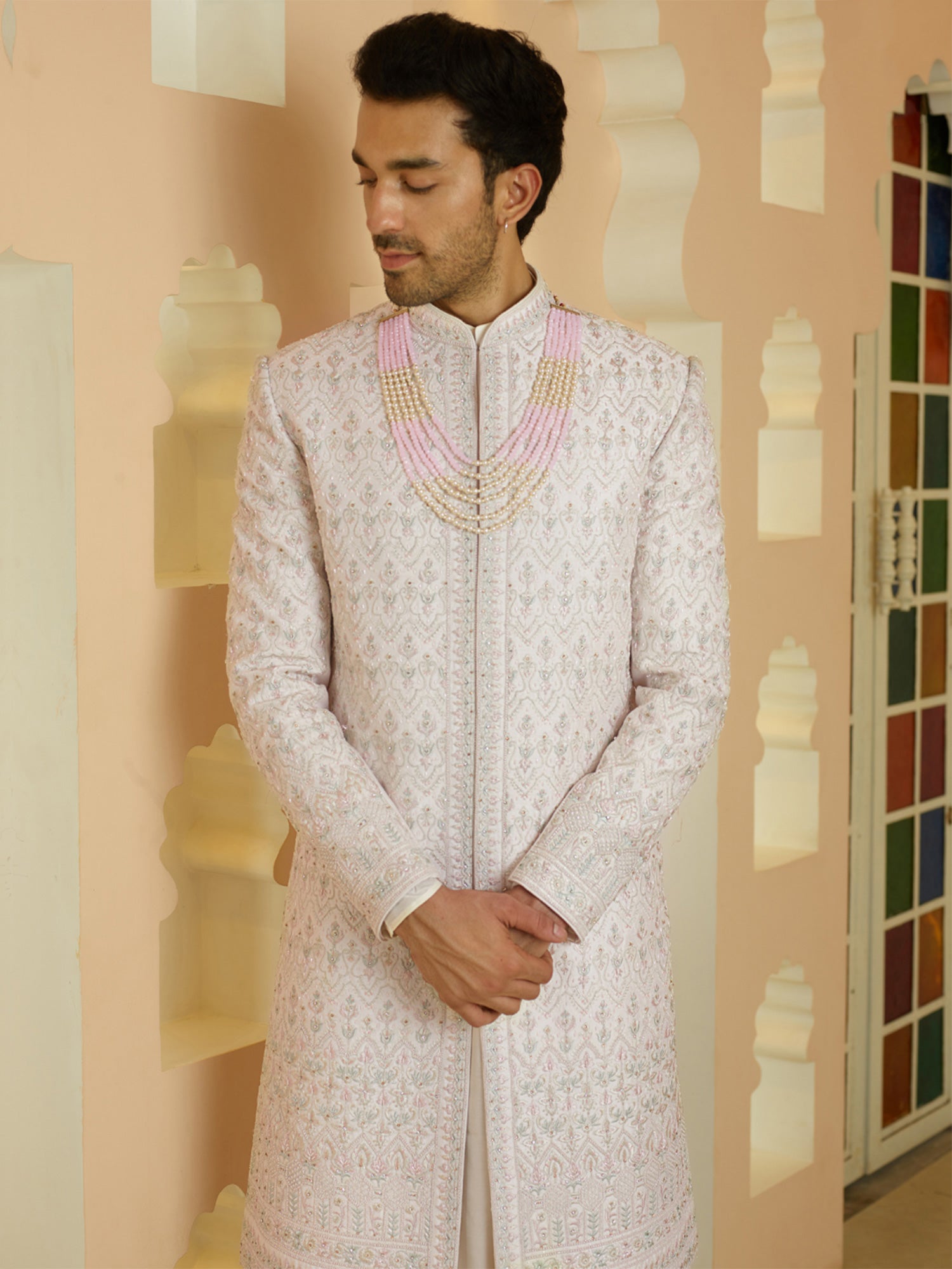 Blush Pink Mens Wear Sherwani Set In Heavy Stone Embroidery