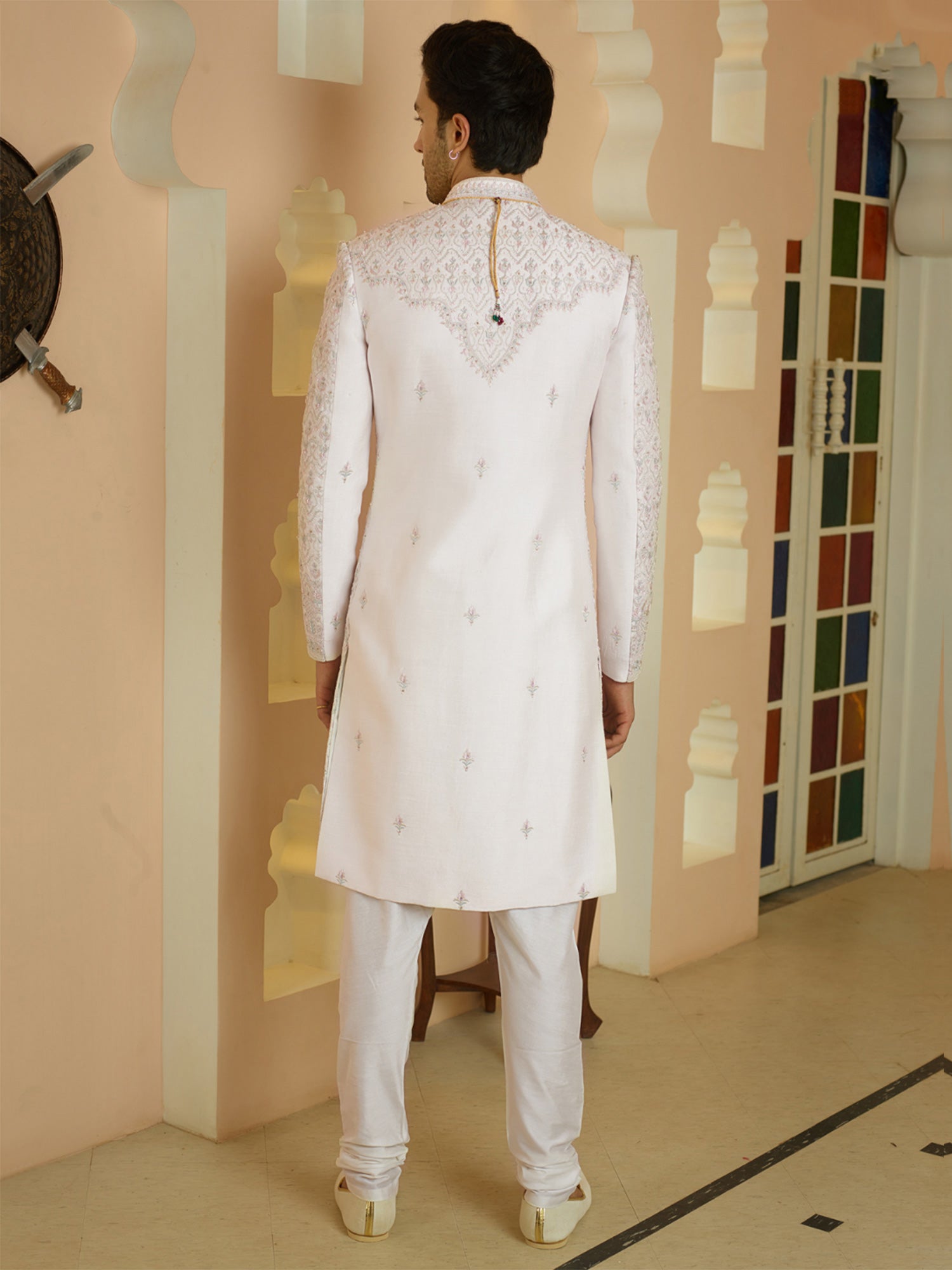 Blush Pink Mens Wear Sherwani Set In Heavy Stone Embroidery
