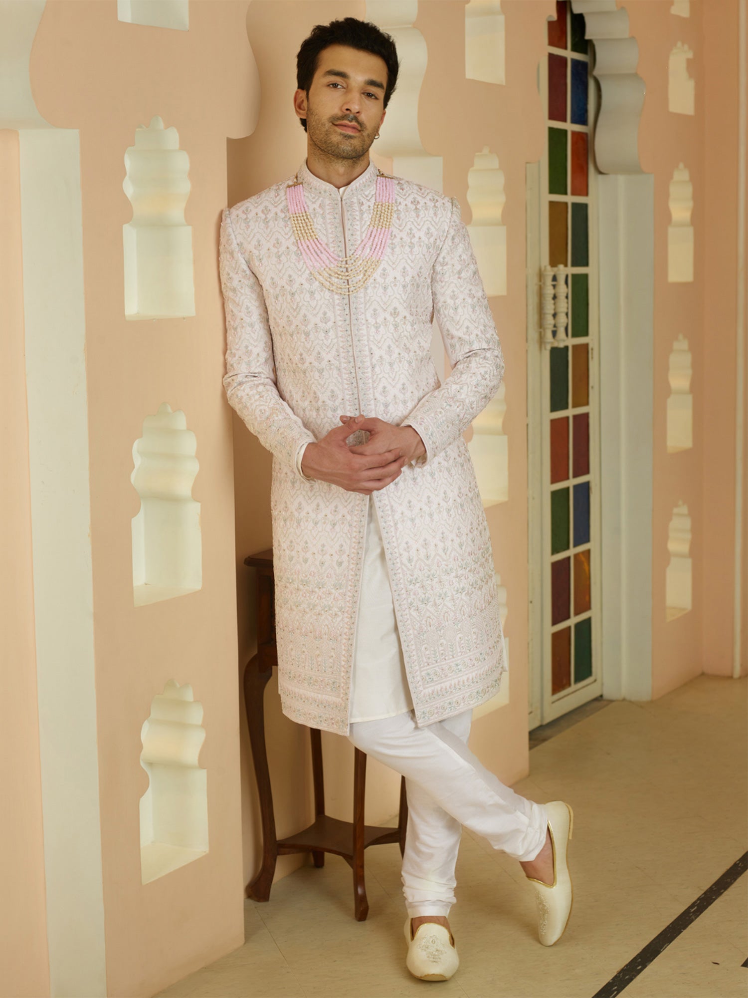 Blush Pink Mens Wear Sherwani Set In Heavy Stone Embroidery