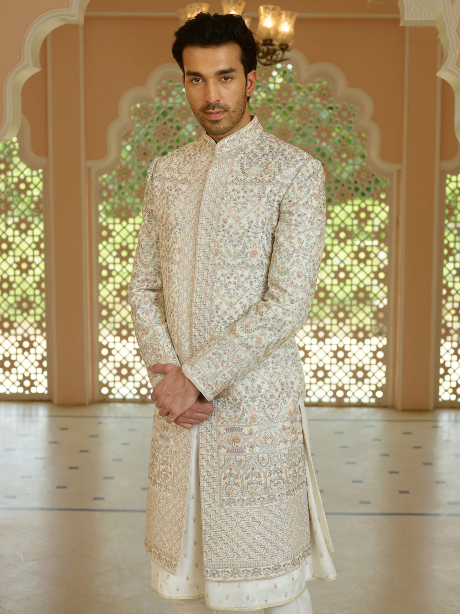 Pearl White Heavy Thread Embroidered Mens Wedding Sherwani