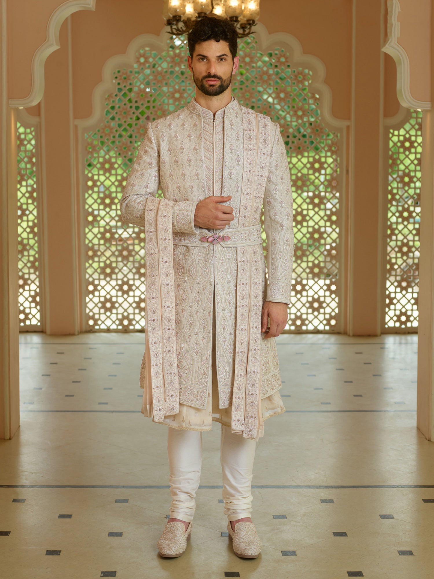 Off White Anarkali Style Mens Wedding Wear Sherwani Set