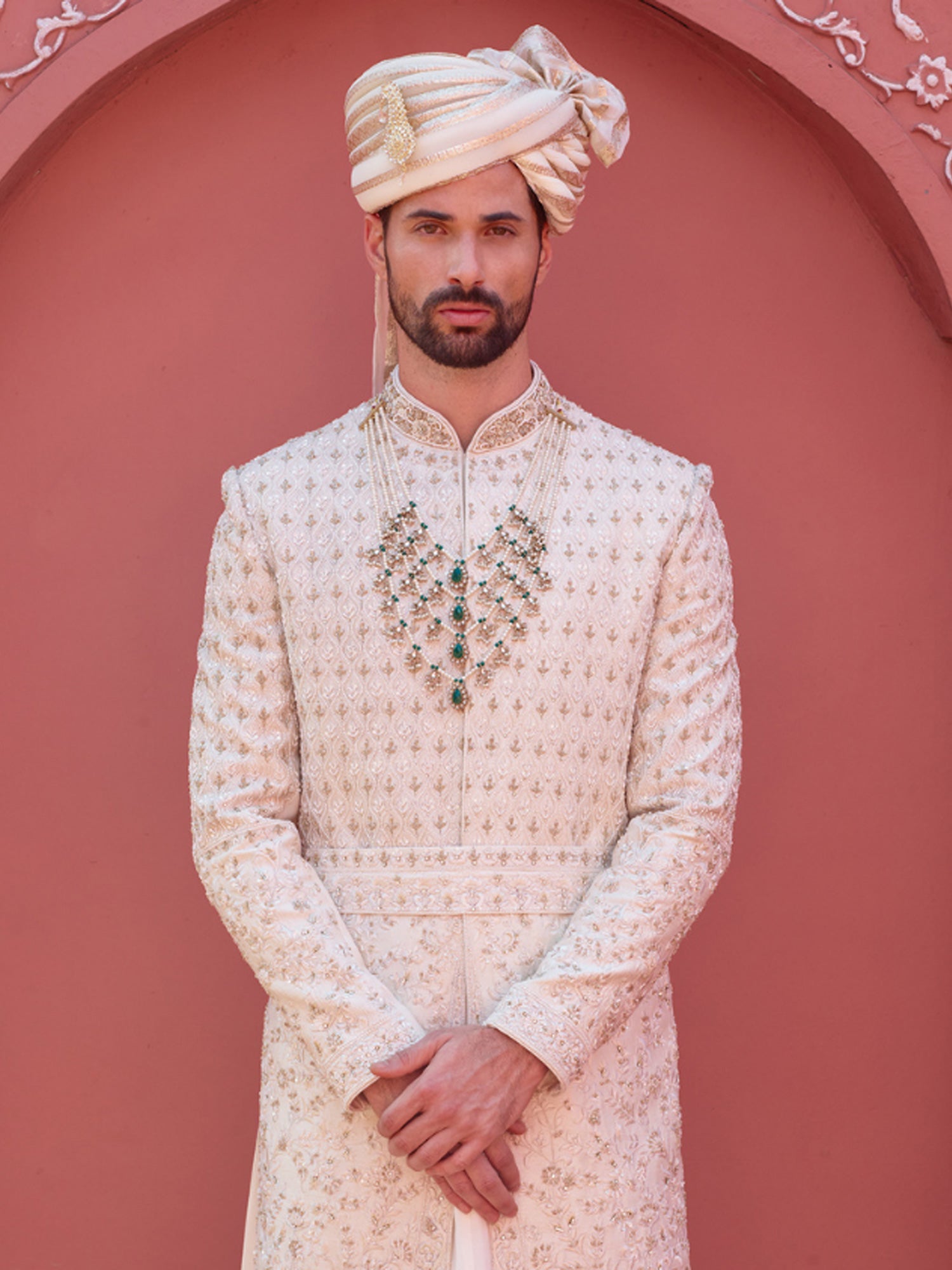 Off White Anarkali Style Sherwani Set For Mens In Heavy Embroidery