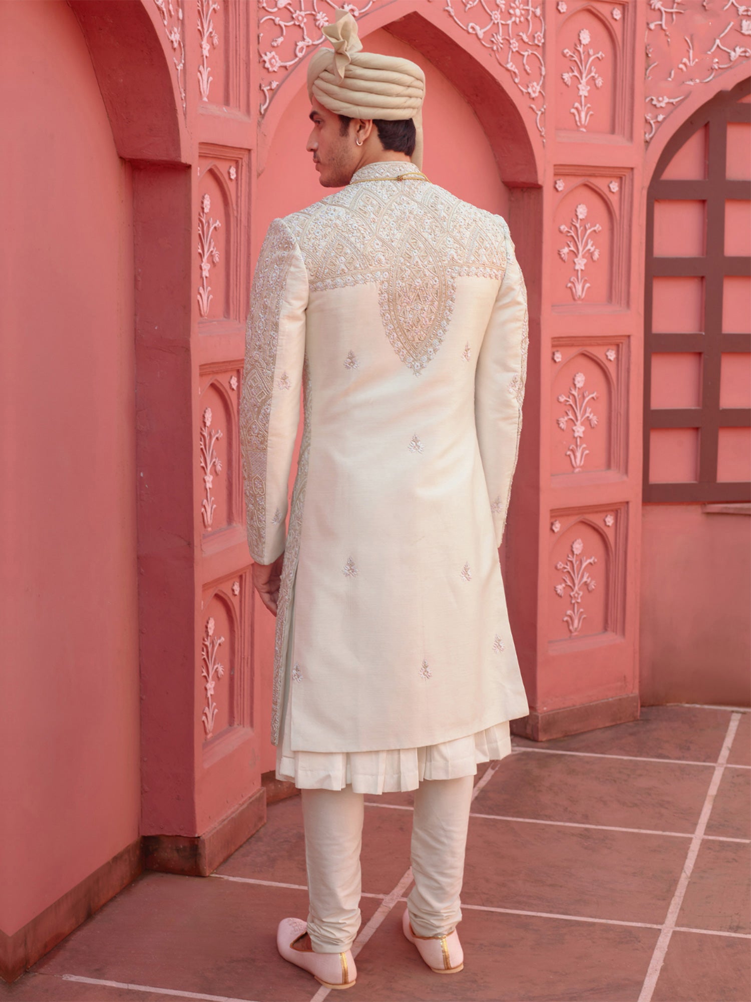 Creamy White Heavy Embroidered Menswear Embroidered Sherwani Set