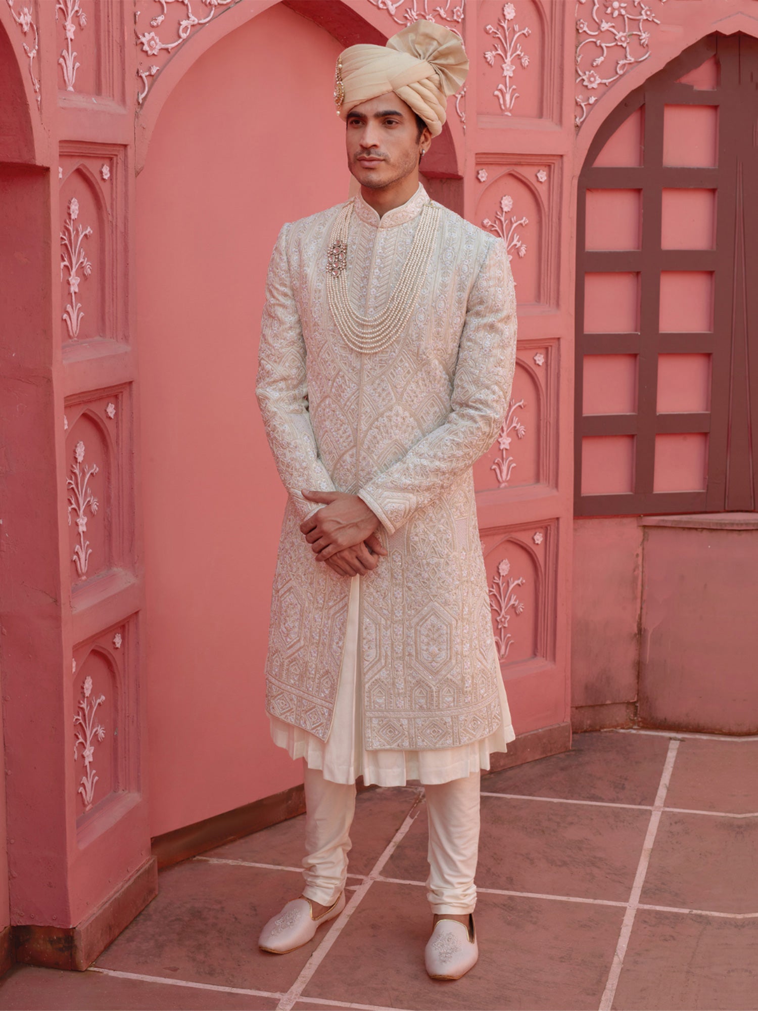 Creamy White Heavy Embroidered Menswear Embroidered Sherwani Set
