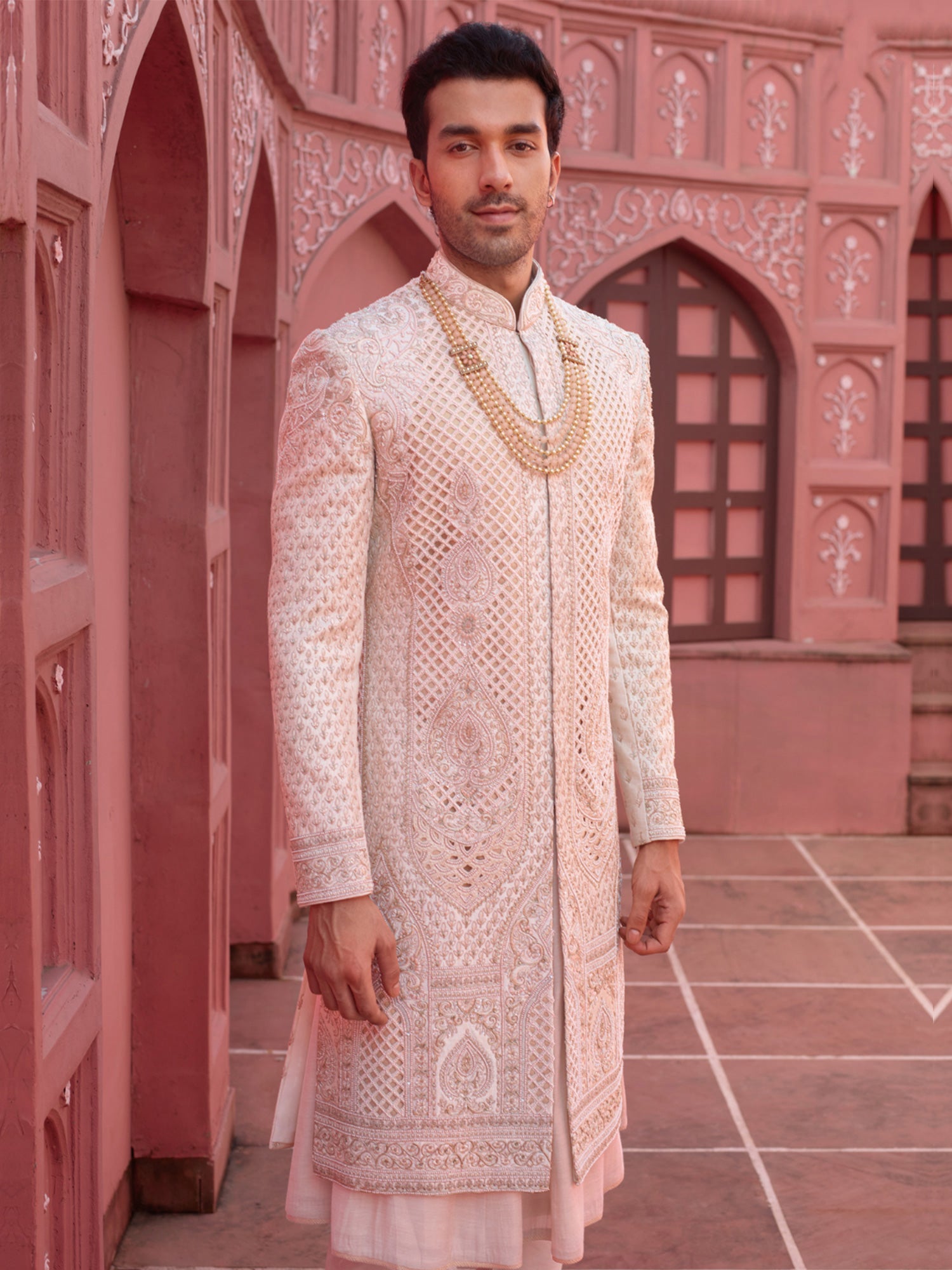 Blush Pink Heavy Thread Embroiderey Mens Sherwani With Kurta