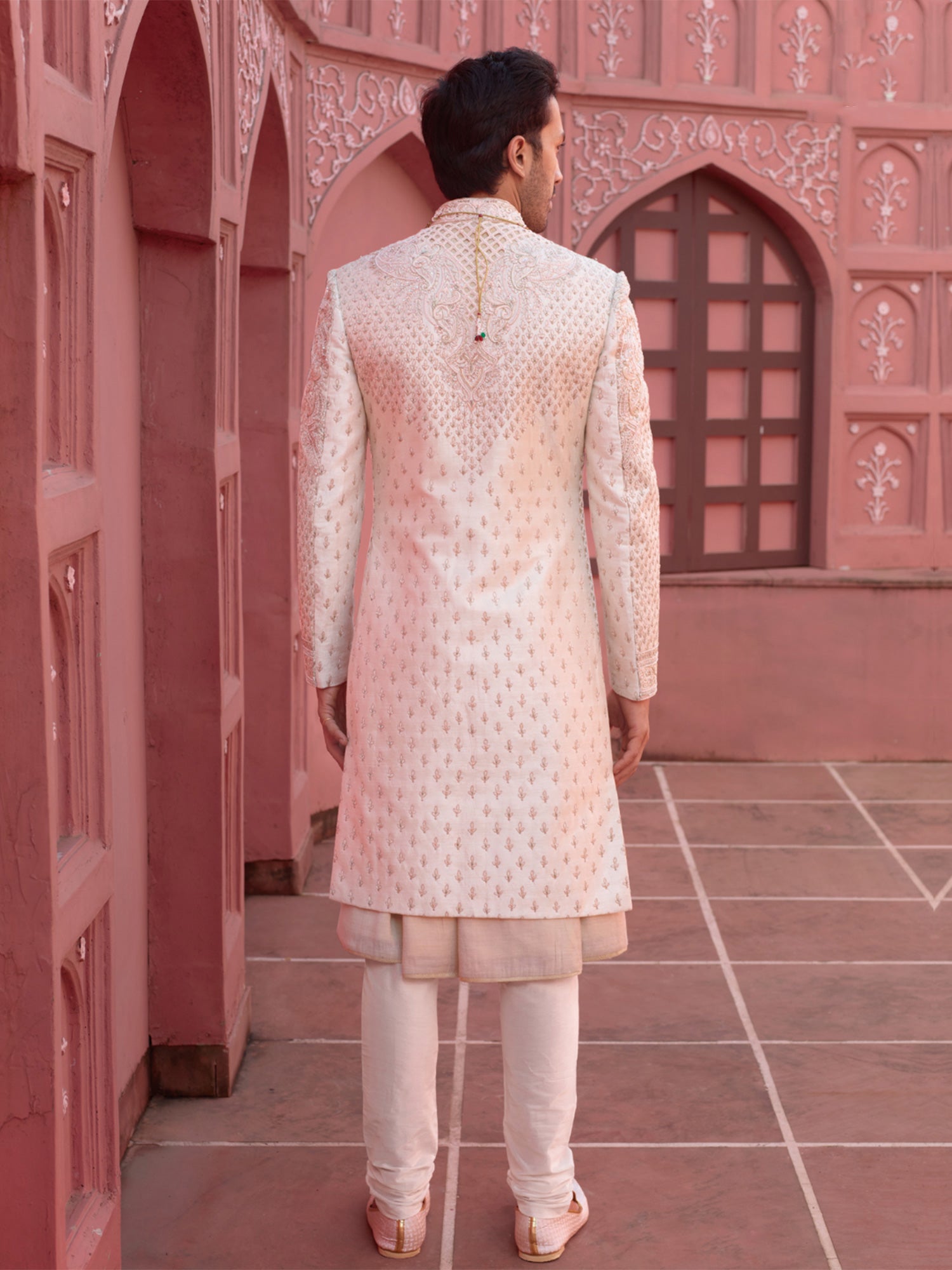 Blush Pink Heavy Thread Embroiderey Mens Sherwani With Kurta