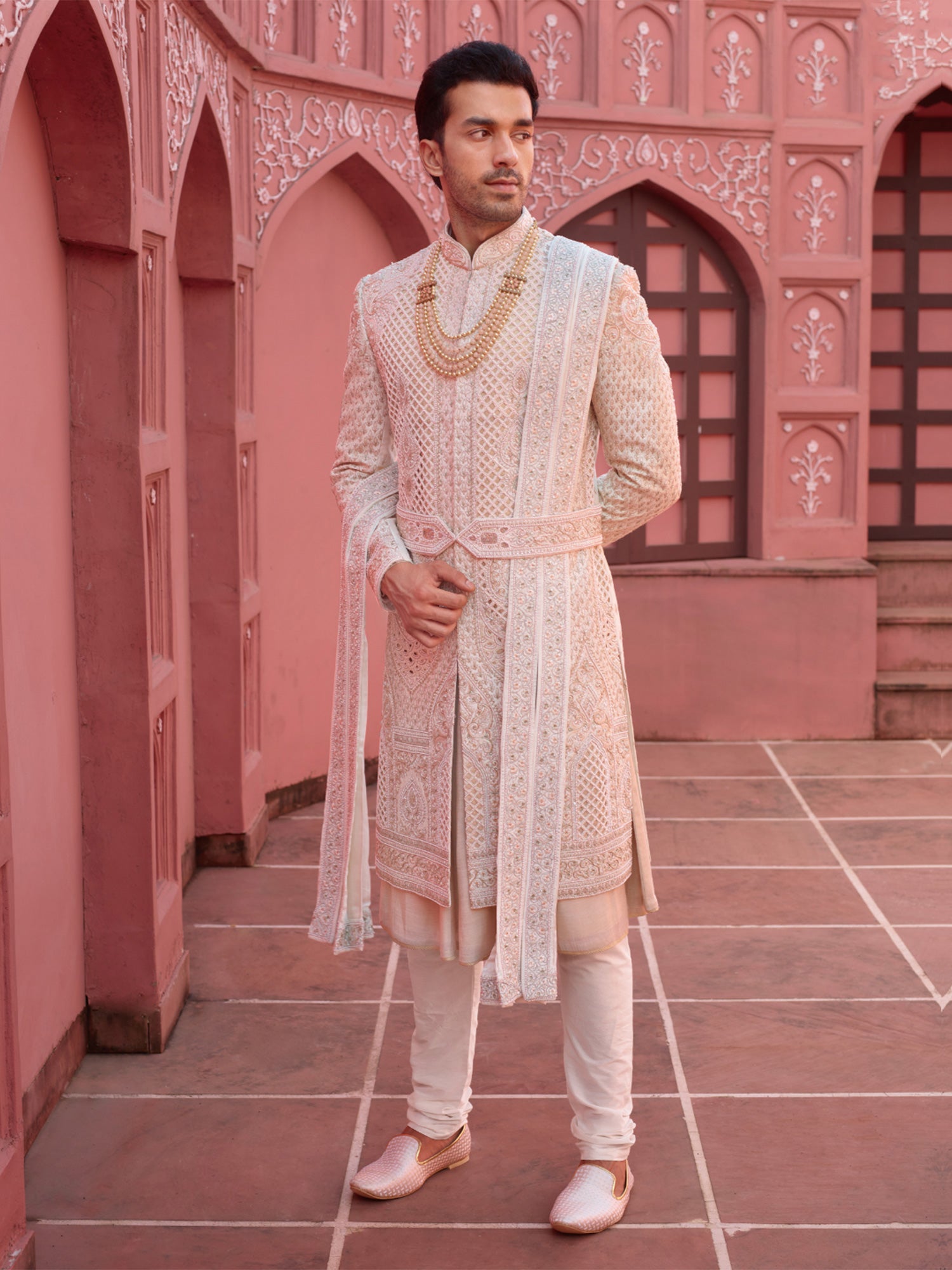 Blush Pink Heavy Thread Embroiderey Mens Sherwani With Kurta