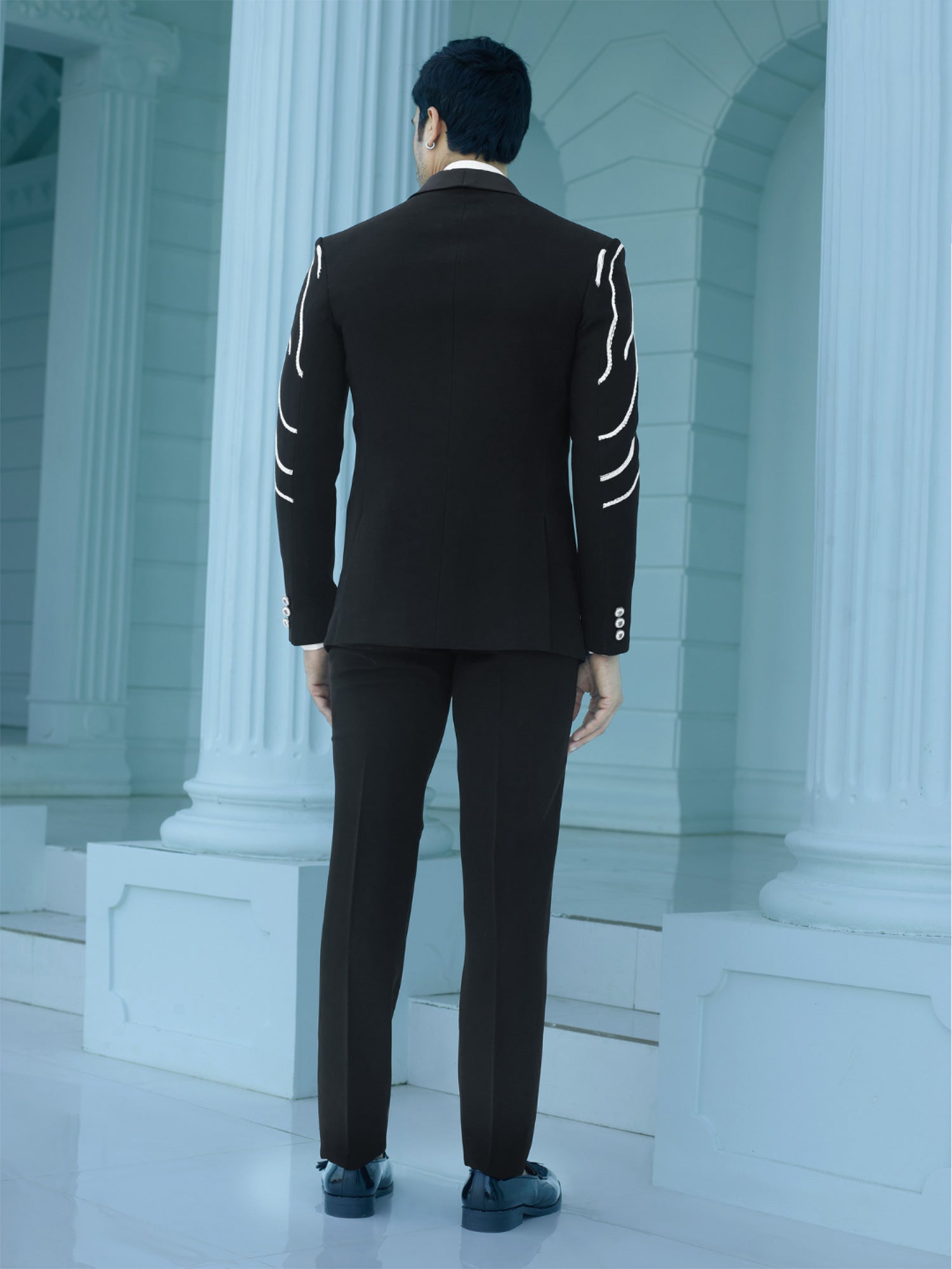 Black Mens Cocktail Wear Tuxedo Suit In Strip Embellishments
