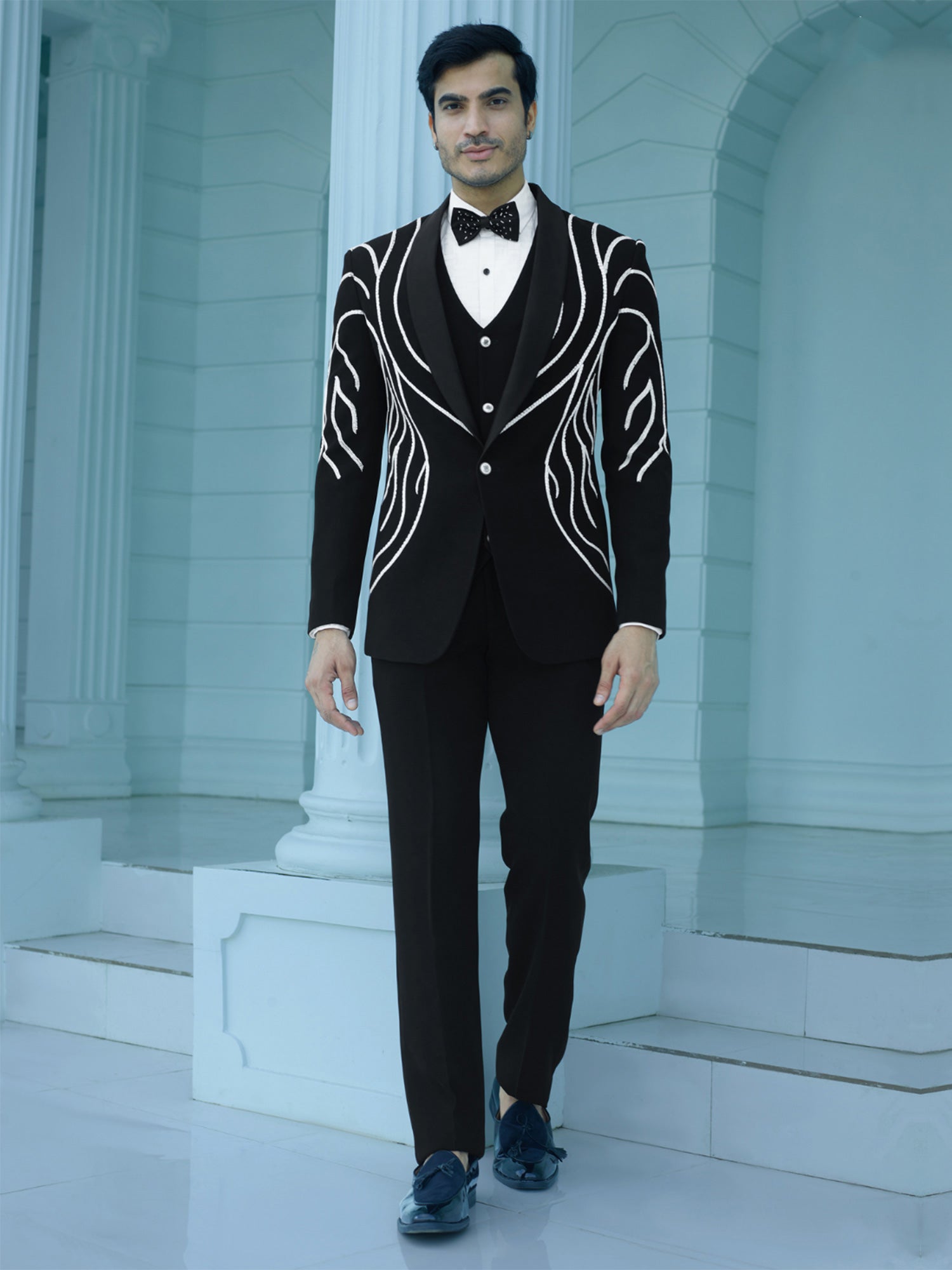 Black Mens Cocktail Wear Tuxedo Suit In Strip Embellishments