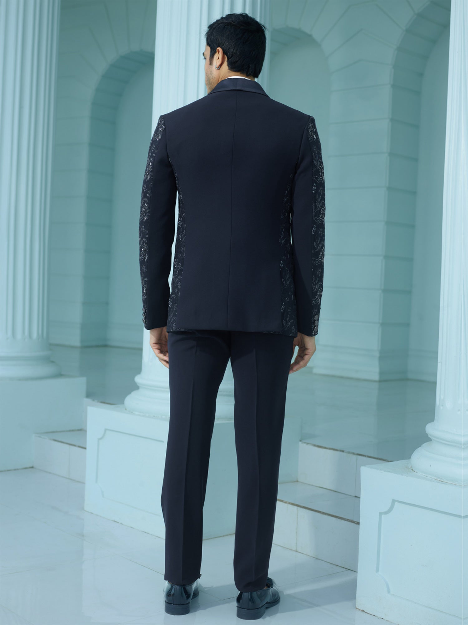 Deep Blue Mens Three Piece Suit In Heavy Floral Embellishment