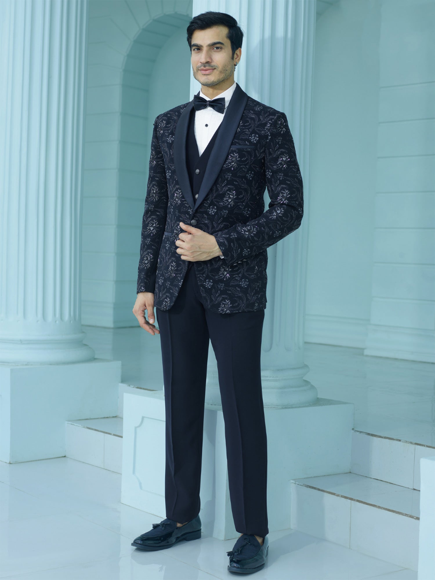 Deep Blue Mens Three Piece Suit In Heavy Floral Embellishment
