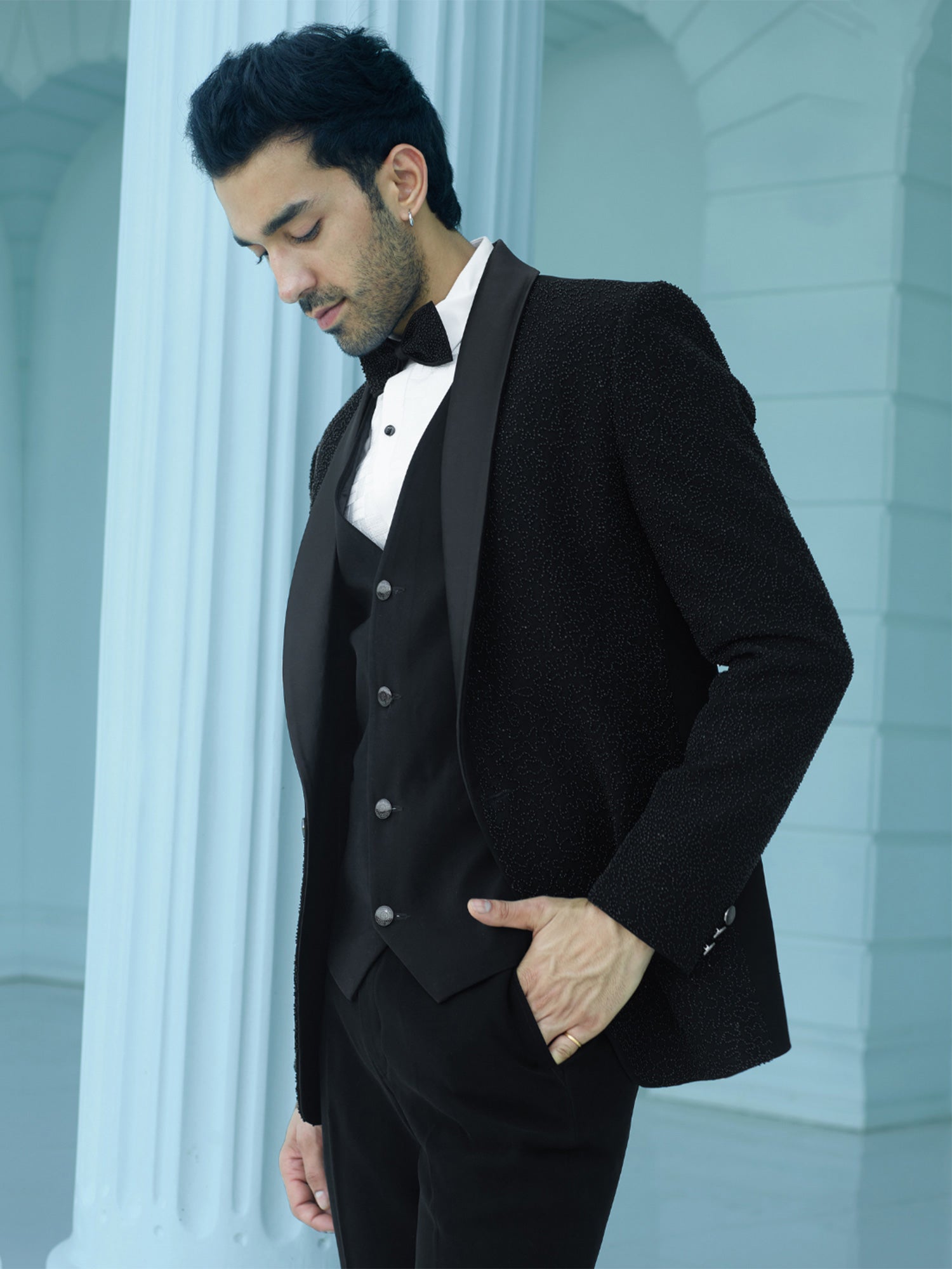 Black Beads Enhanced Designed Mens Three Piece Tuxedo Suit