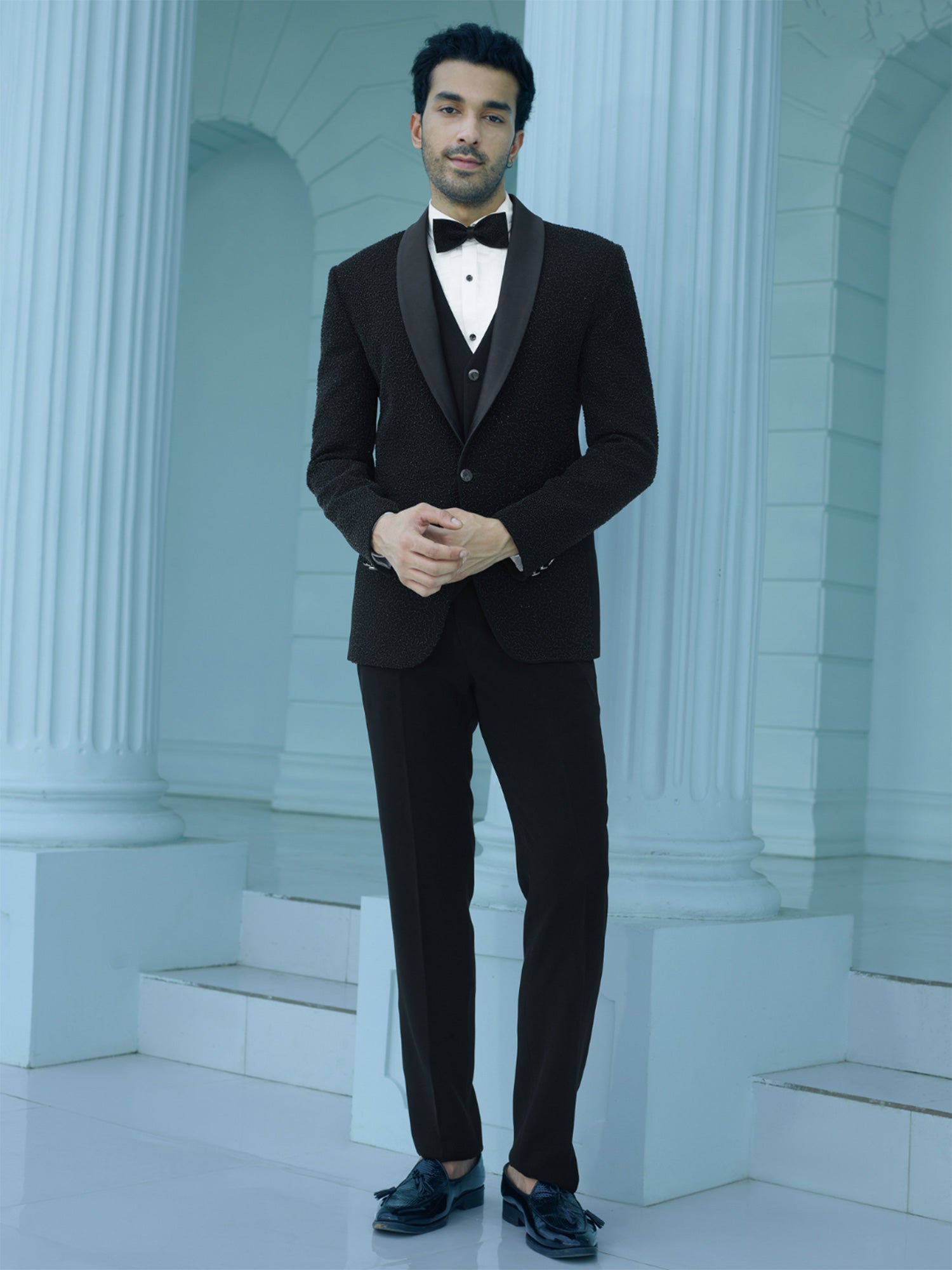 Black Beads Enhanced Designed Mens Three Piece Tuxedo Suit